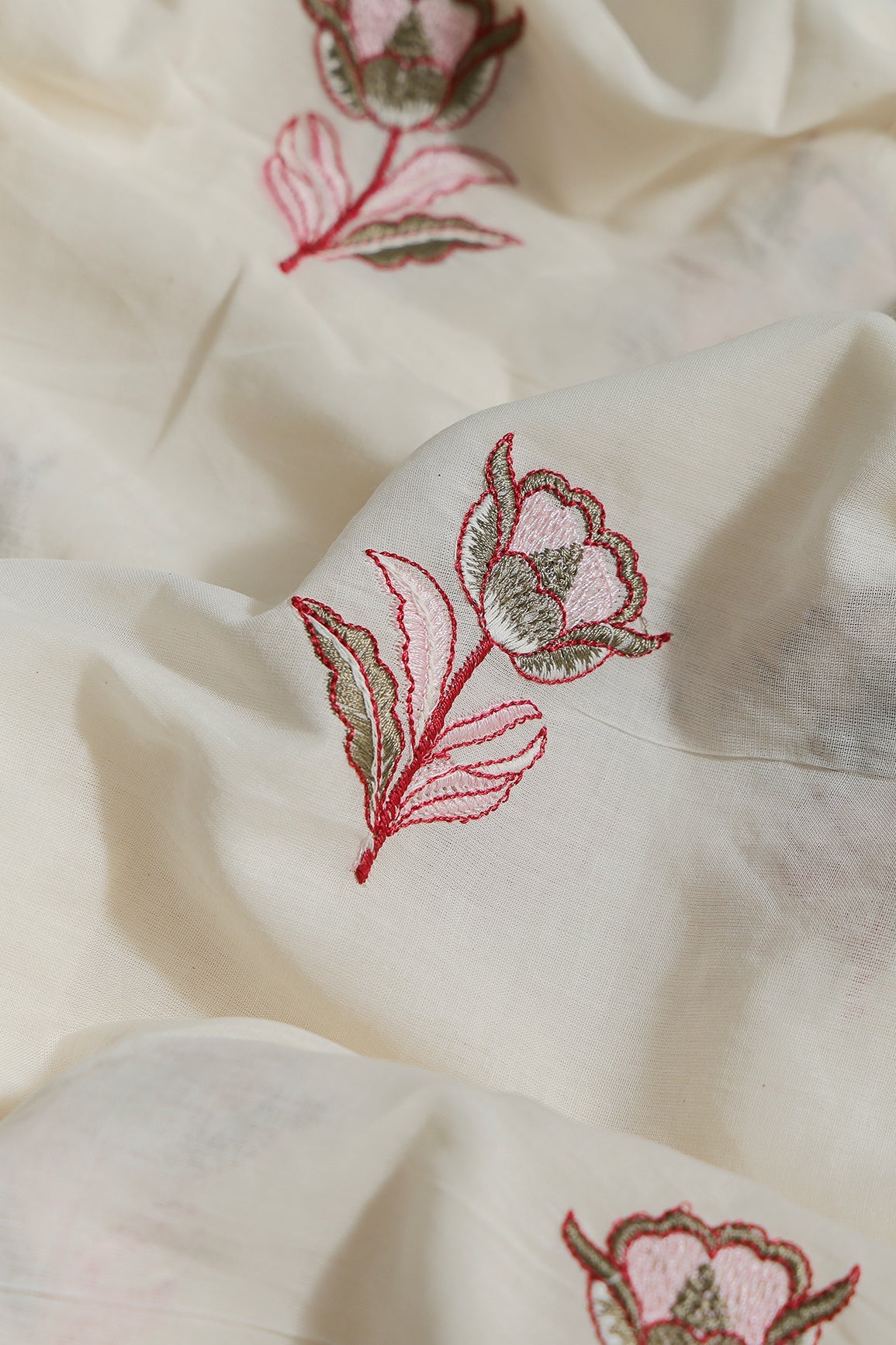 Pink And Olive Thread Beautiful Floral Embroidery Work On Off White Organic Cotton Fabric - doeraa