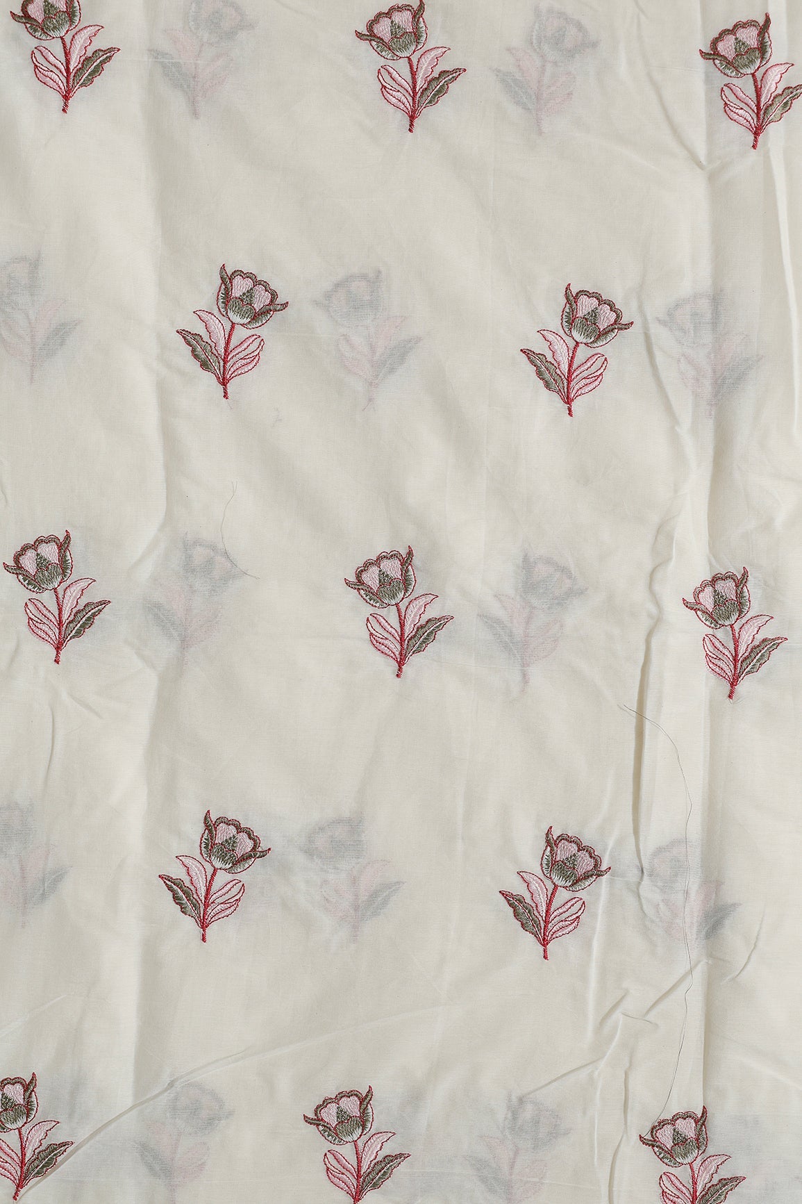 Pink And Olive Thread Beautiful Floral Embroidery Work On Off White Organic Cotton Fabric - doeraa