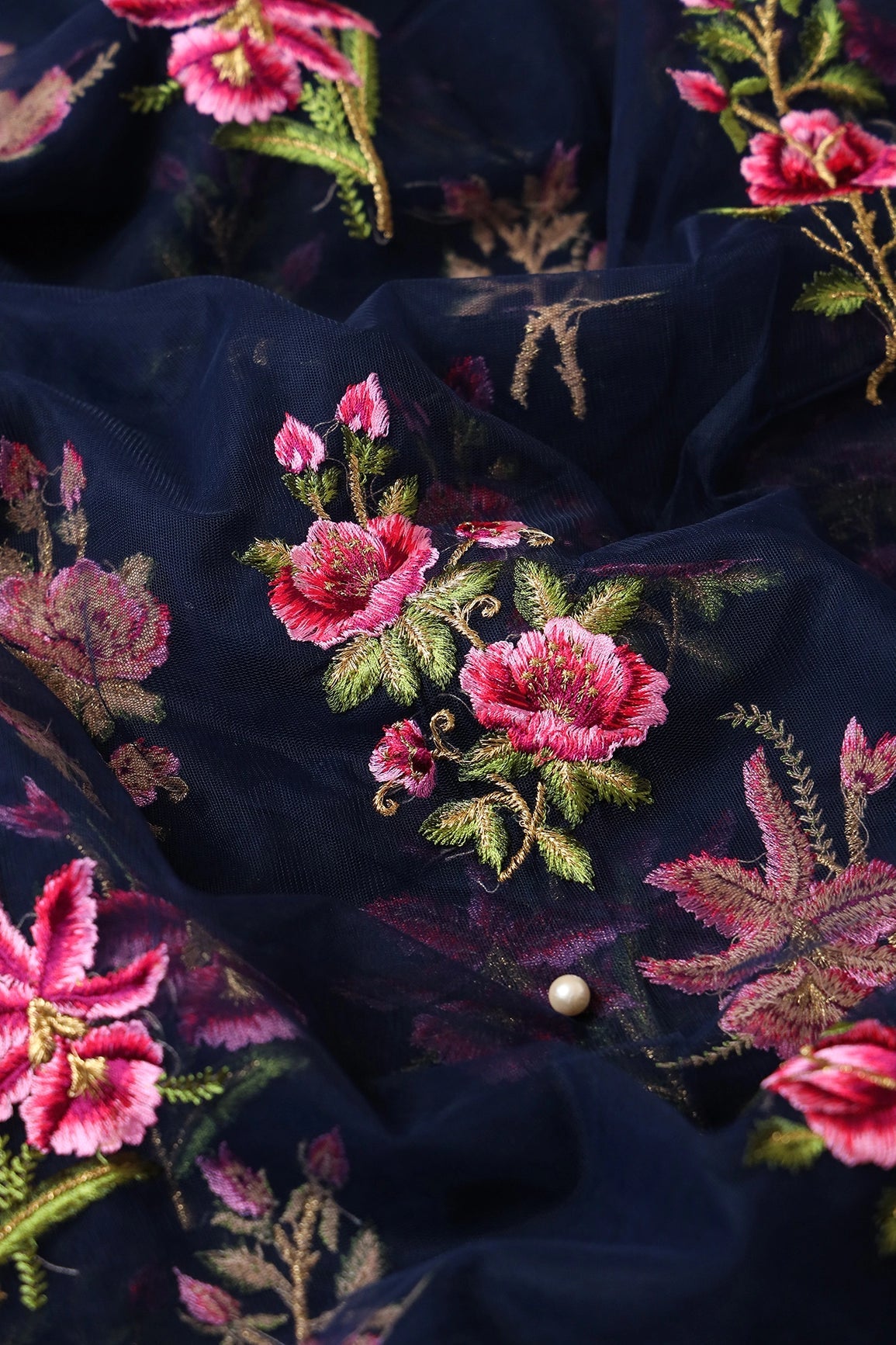 Pink And Olive Thread With Gold Zari Floral Embroidery On Navy Blue Soft Net Fabric - doeraa