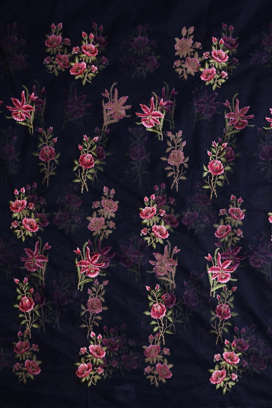 Pink And Olive Thread With Gold Zari Floral Embroidery On Navy Blue Soft Net Fabric - doeraa