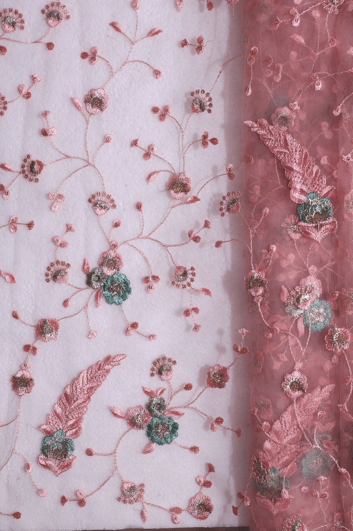 Pink And Olive Thread With Gold Zari Floral Embroidery On Pink Soft Net Fabric - doeraa