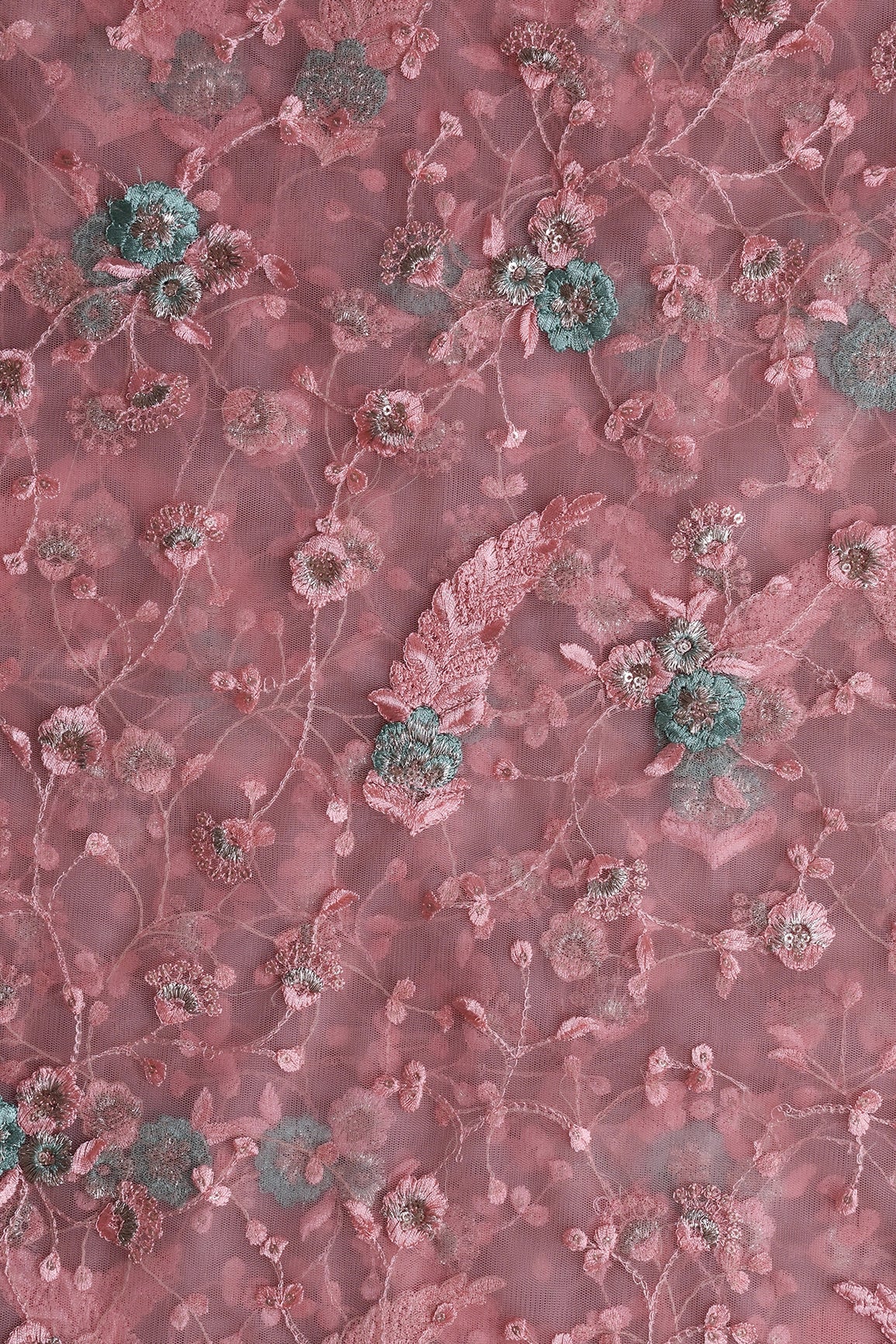 Pink And Olive Thread With Gold Zari Floral Embroidery On Pink Soft Net Fabric - doeraa