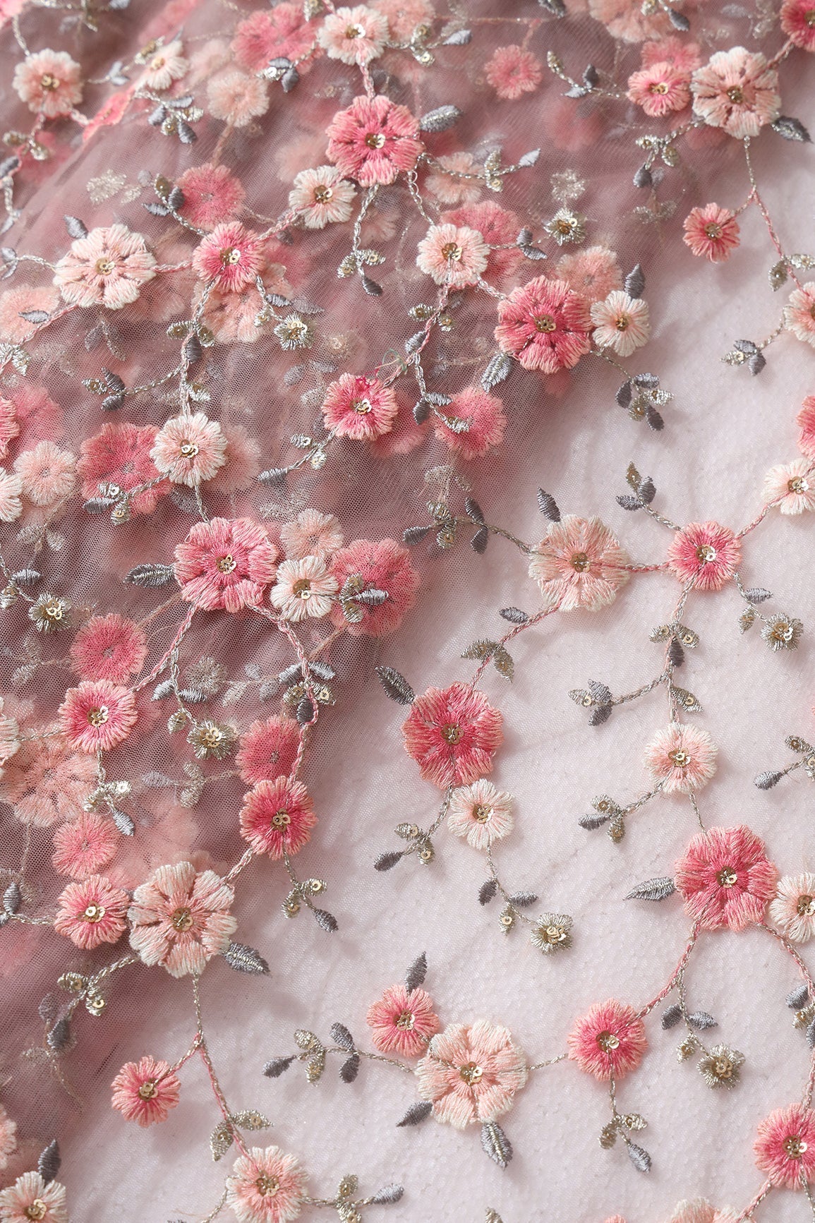 Pink And White Thread With Gold Sequins Floral Embroidery On Mauve Soft Net Fabric - doeraa