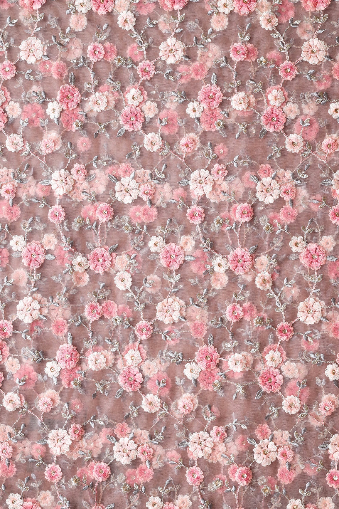 Pink And White Thread With Gold Sequins Floral Embroidery On Mauve Soft Net Fabric - doeraa