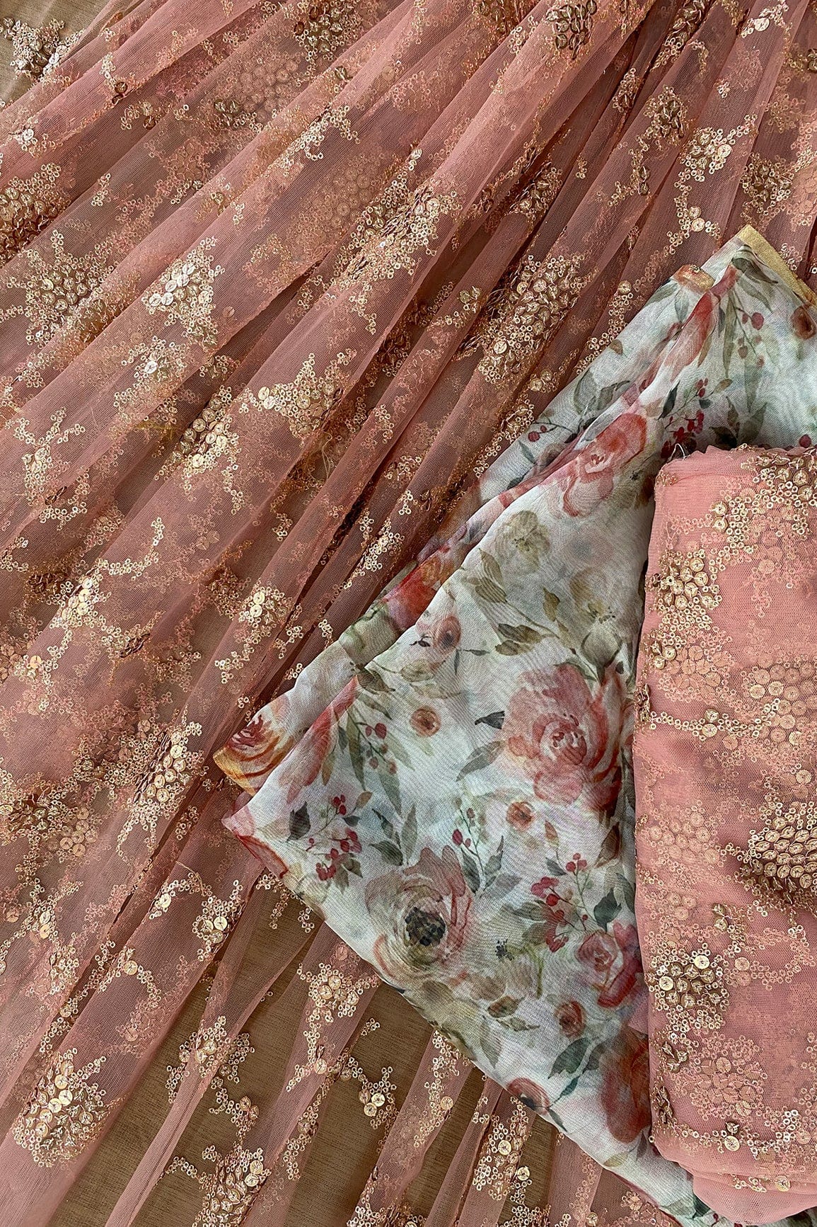 Pink and White Unstitched Lehenga Set Fabric (3 Piece) - doeraa