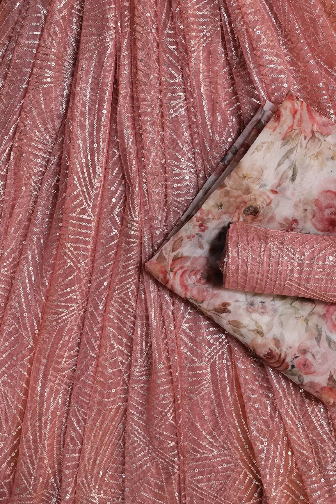 Pink And White Unstitched Lehenga Set Fabric (3 Piece) - doeraa