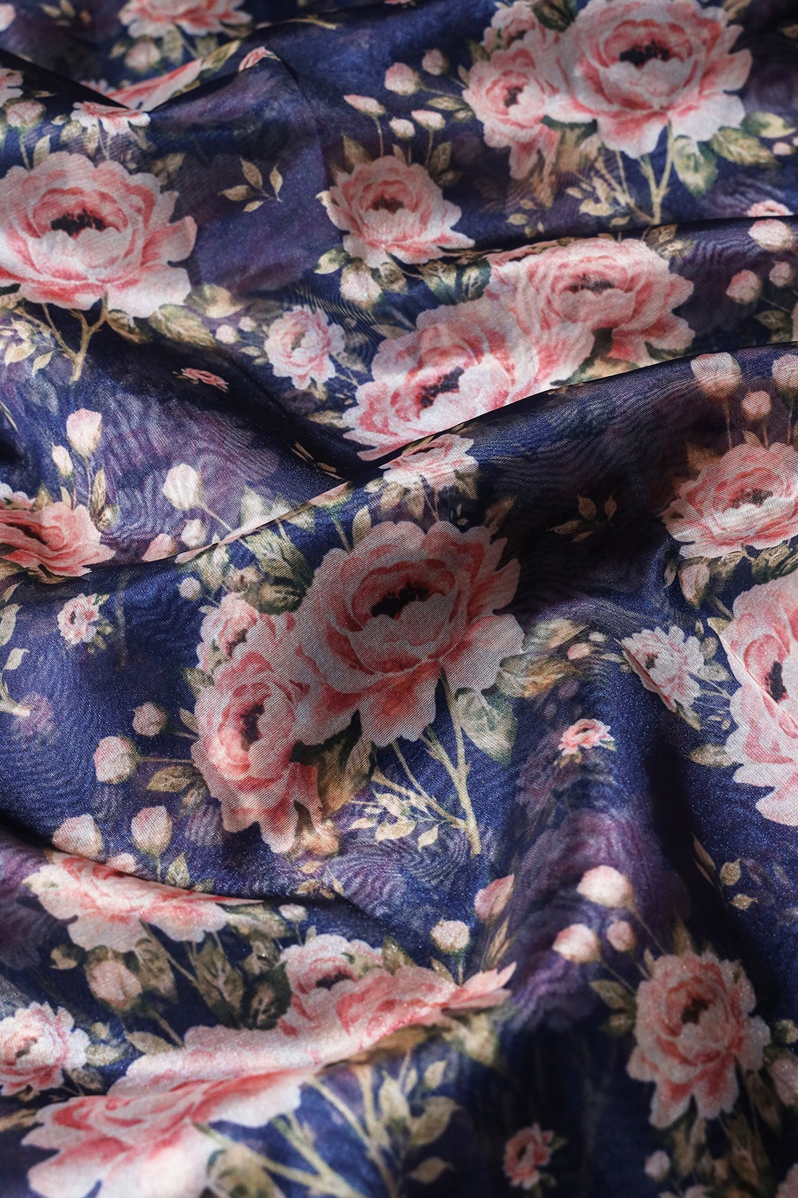 Pink Floral Digital Print On Navy Blue Organza Fabric - doeraa