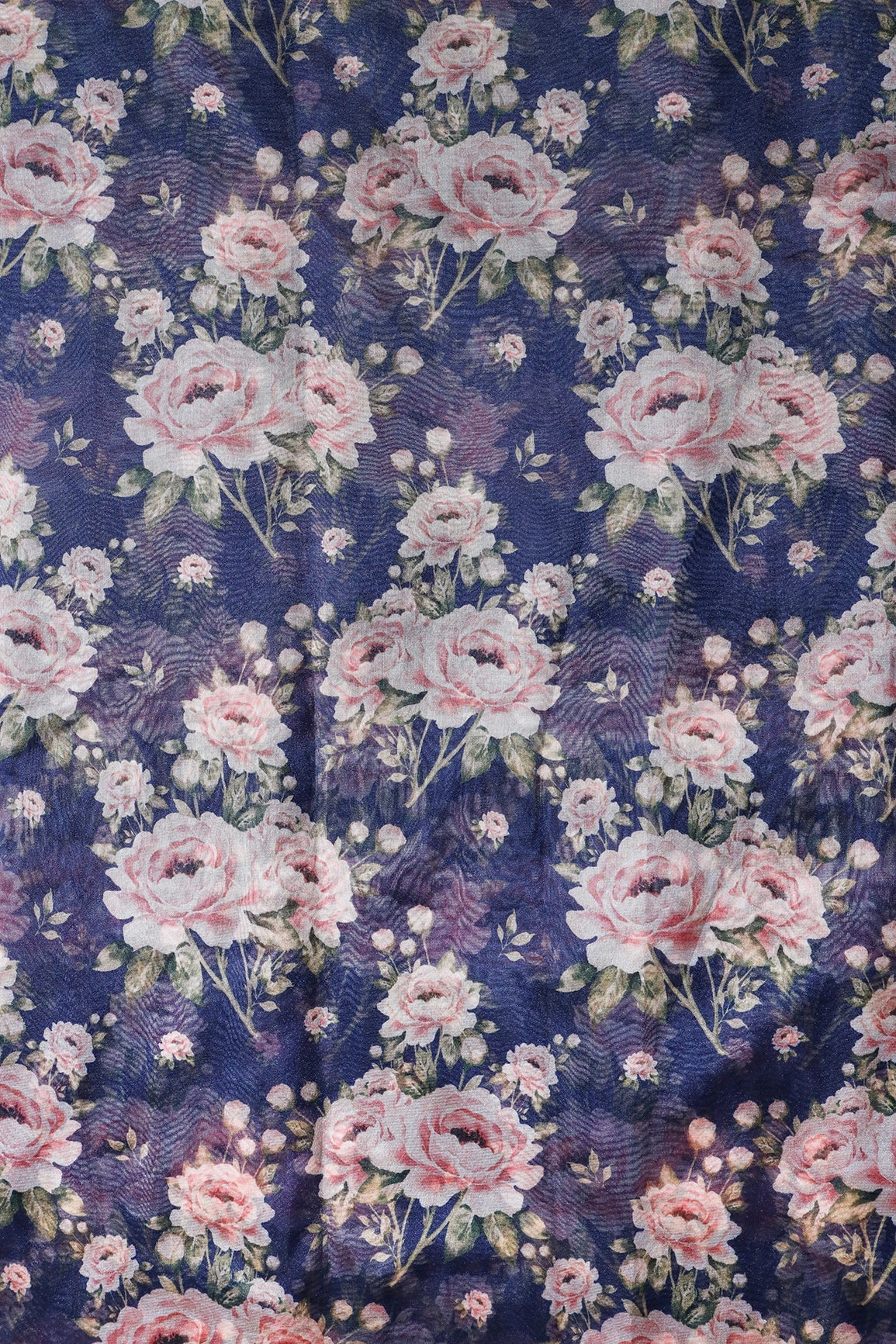 Pink Floral Digital Print On Navy Blue Organza Fabric - doeraa