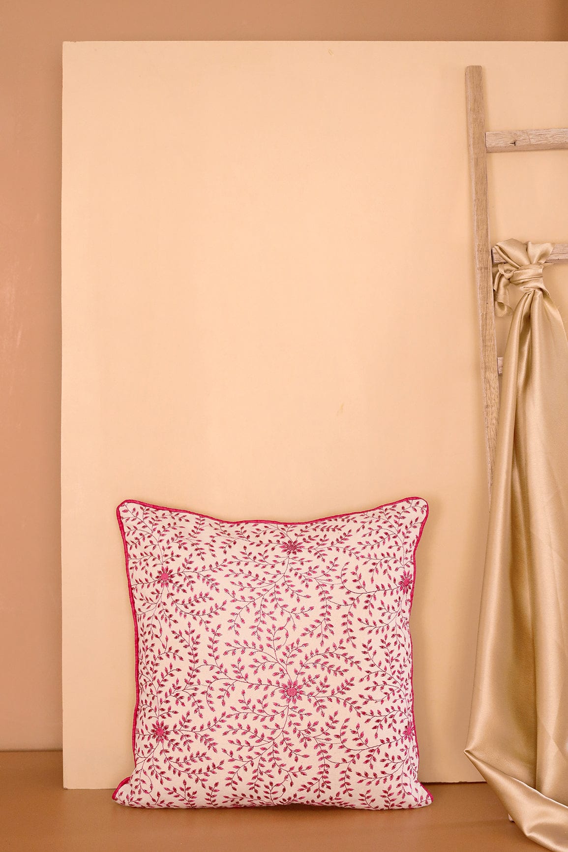 Pink Floral Embroidery on Off White cotton Cushion Cover (16*16 inches) - doeraa