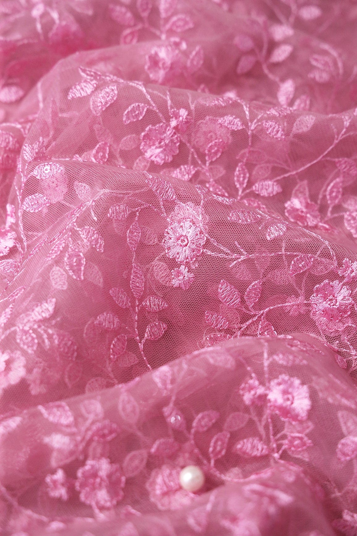 Pink Thread And Sequins Floral Heavy Embroidery Work On Pink Soft Net Fabric - doeraa