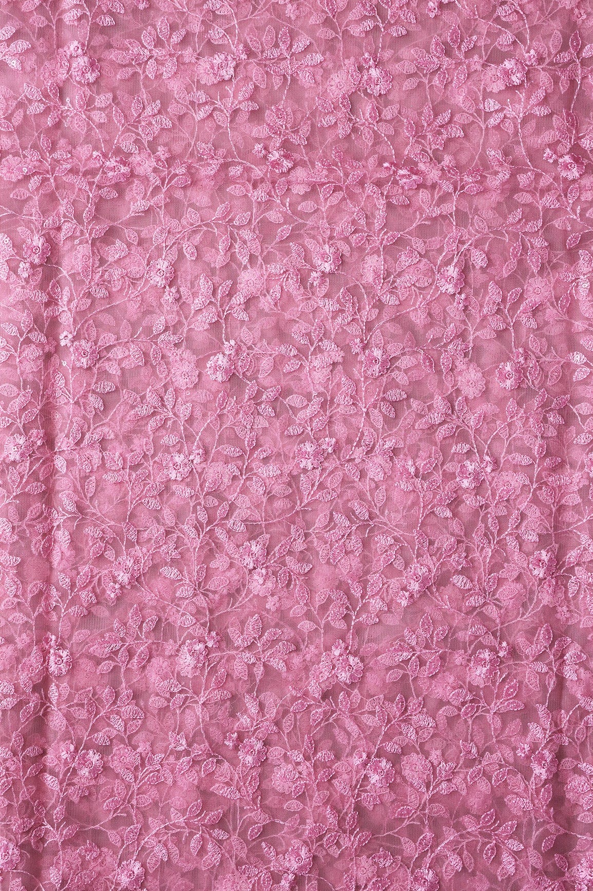 Pink Thread And Sequins Floral Heavy Embroidery Work On Pink Soft Net Fabric - doeraa