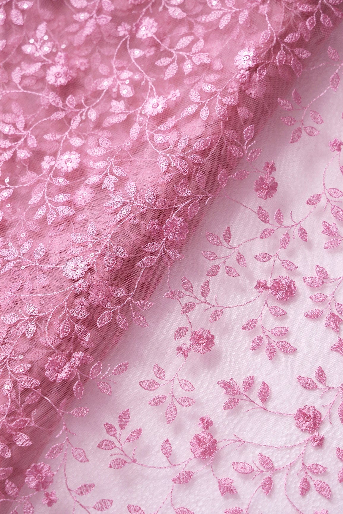 Pink Thread And Sequins Floral Heavy Embroidery Work On Pink Soft Net Fabric - doeraa