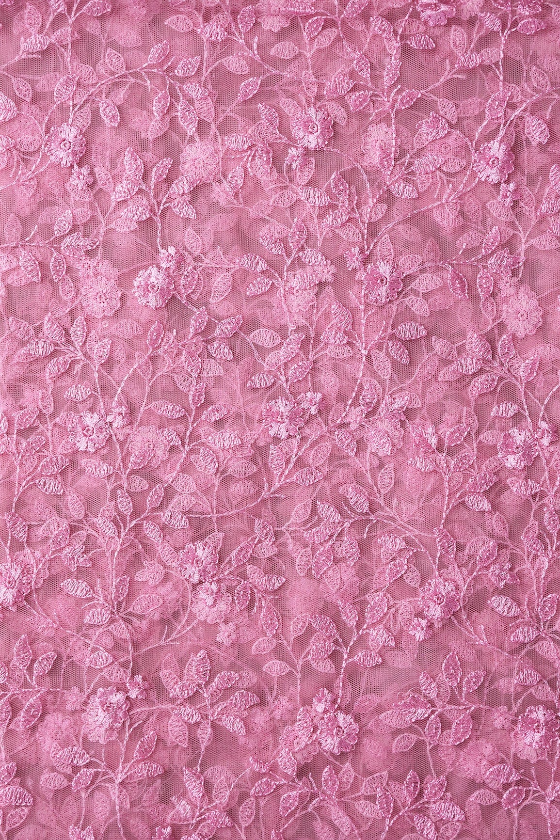 Pink Thread And Sequins Floral Heavy Embroidery Work On Pink Soft Net Fabric - doeraa