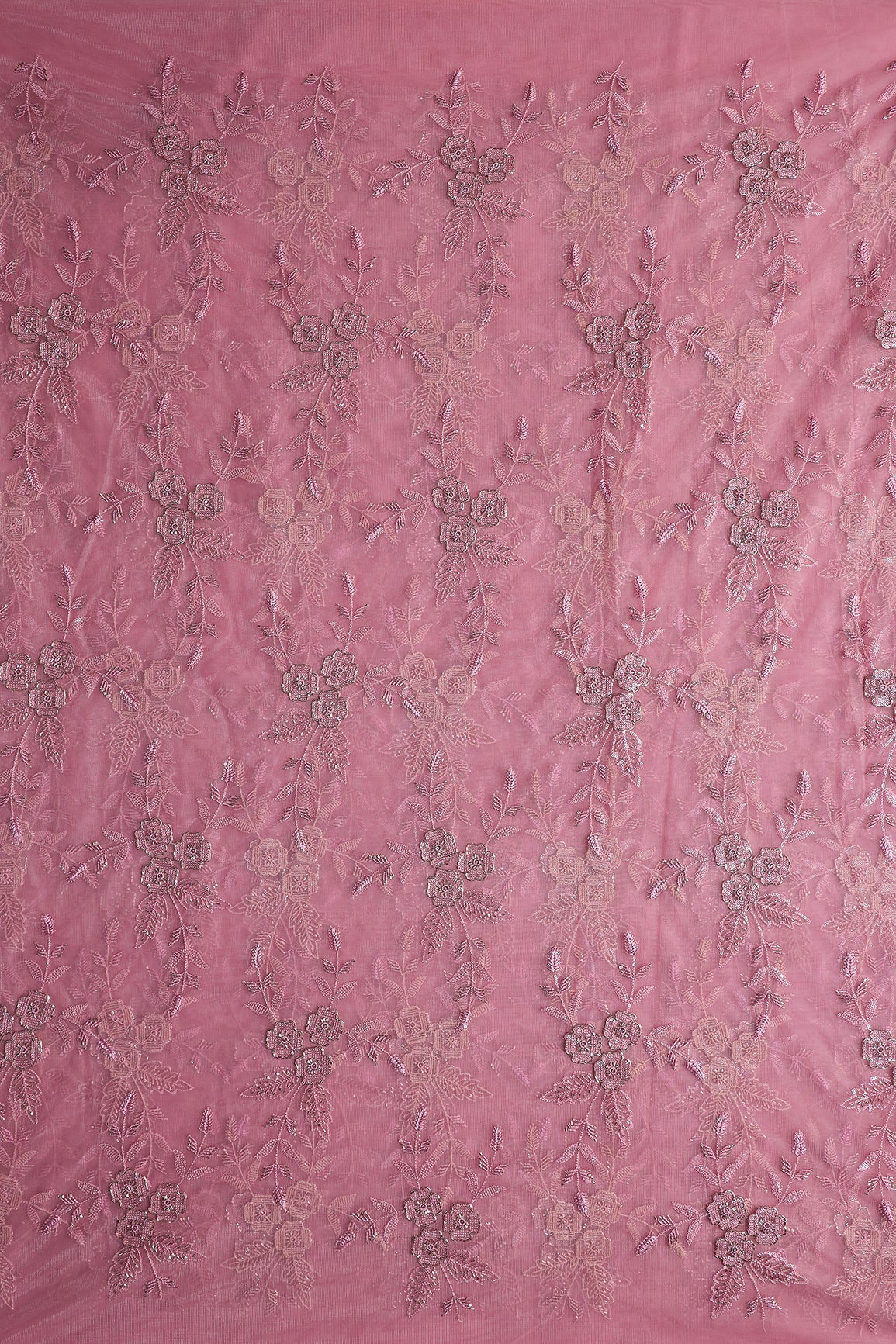 Pink Thread & Beads With Water Sequins Floral Embroidery Work On Pink Soft Net Fabric - doeraa
