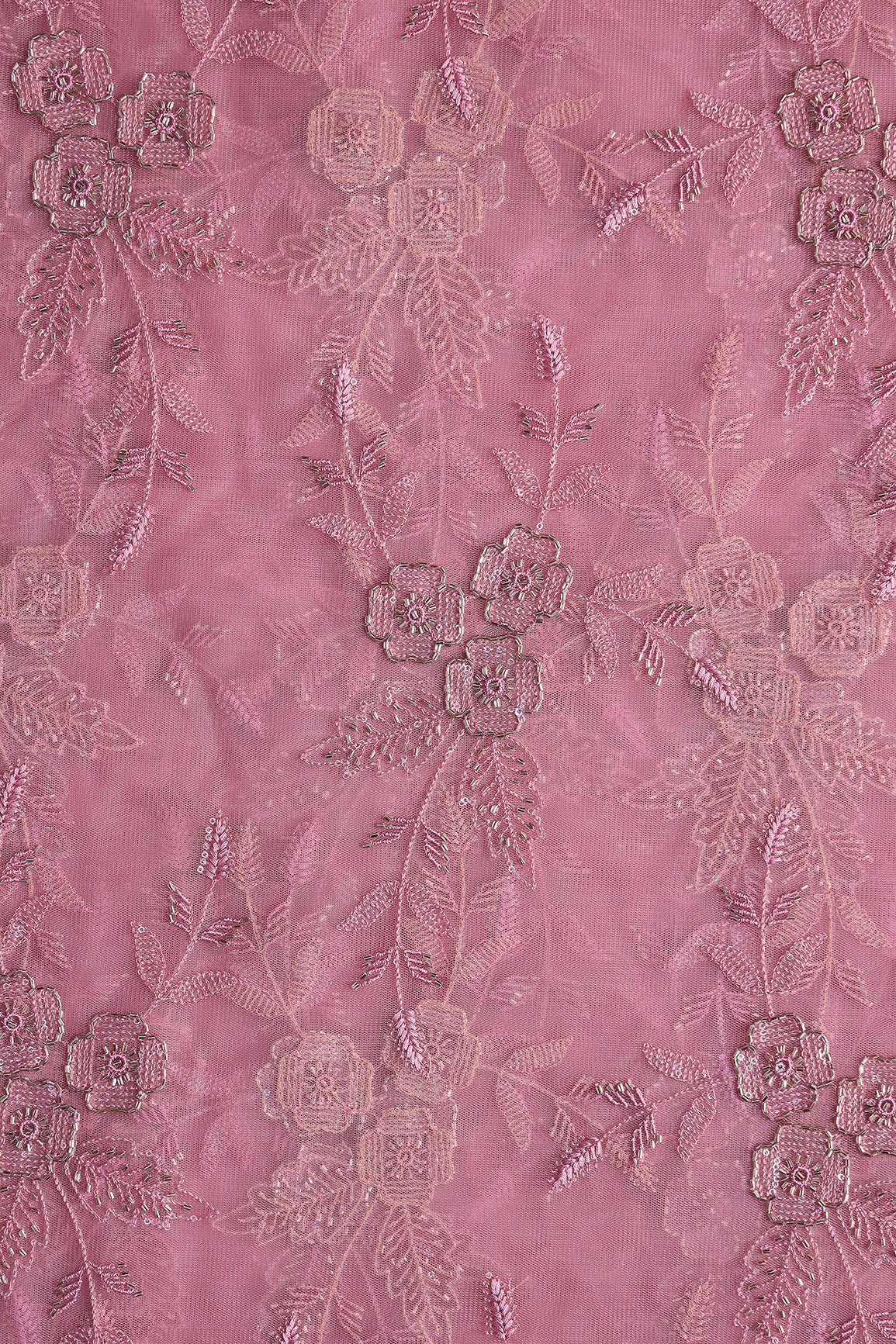 Pink Thread & Beads With Water Sequins Floral Embroidery Work On Pink Soft Net Fabric - doeraa