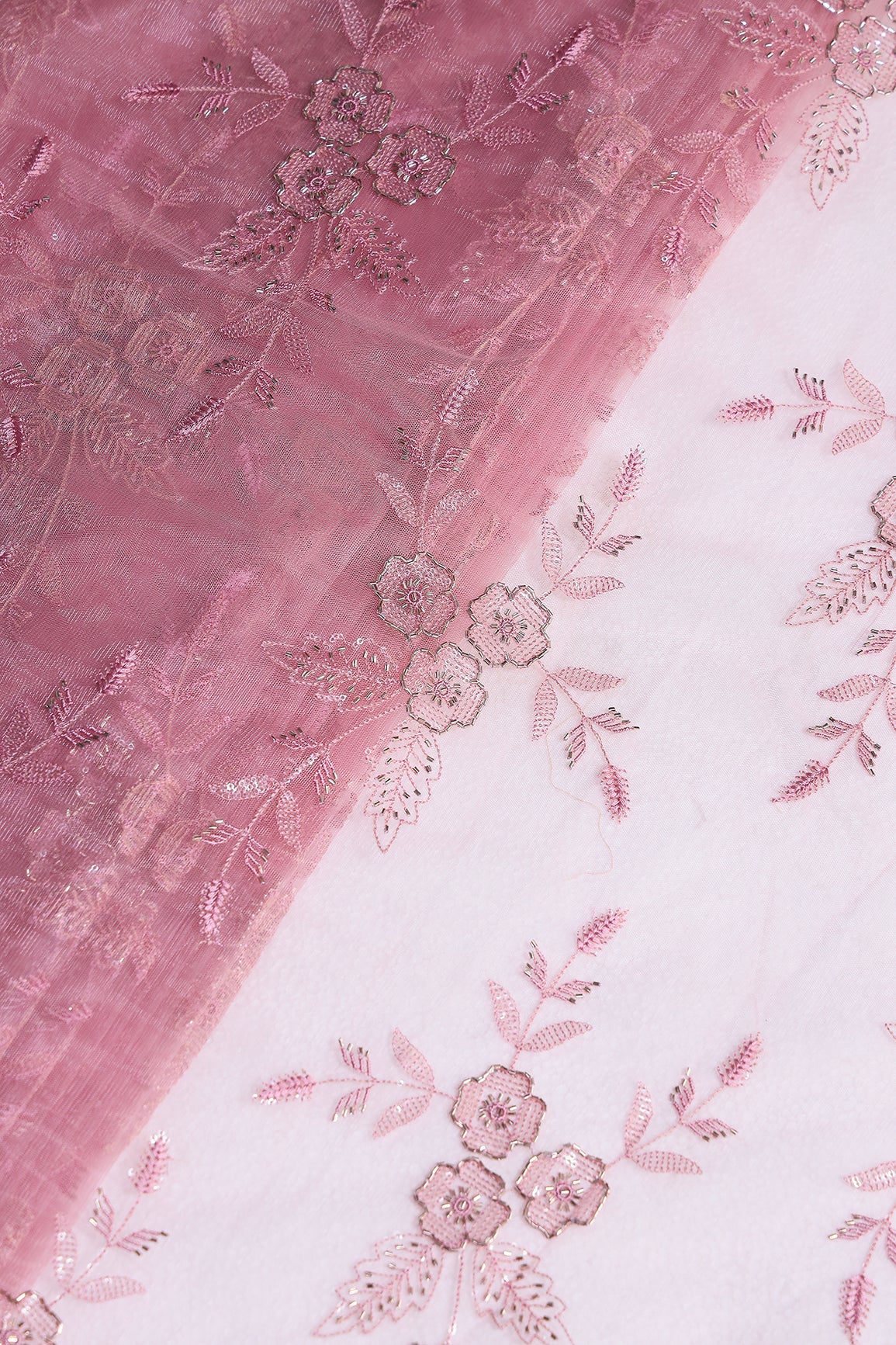 Pink Thread & Beads With Water Sequins Floral Embroidery Work On Pink Soft Net Fabric - doeraa