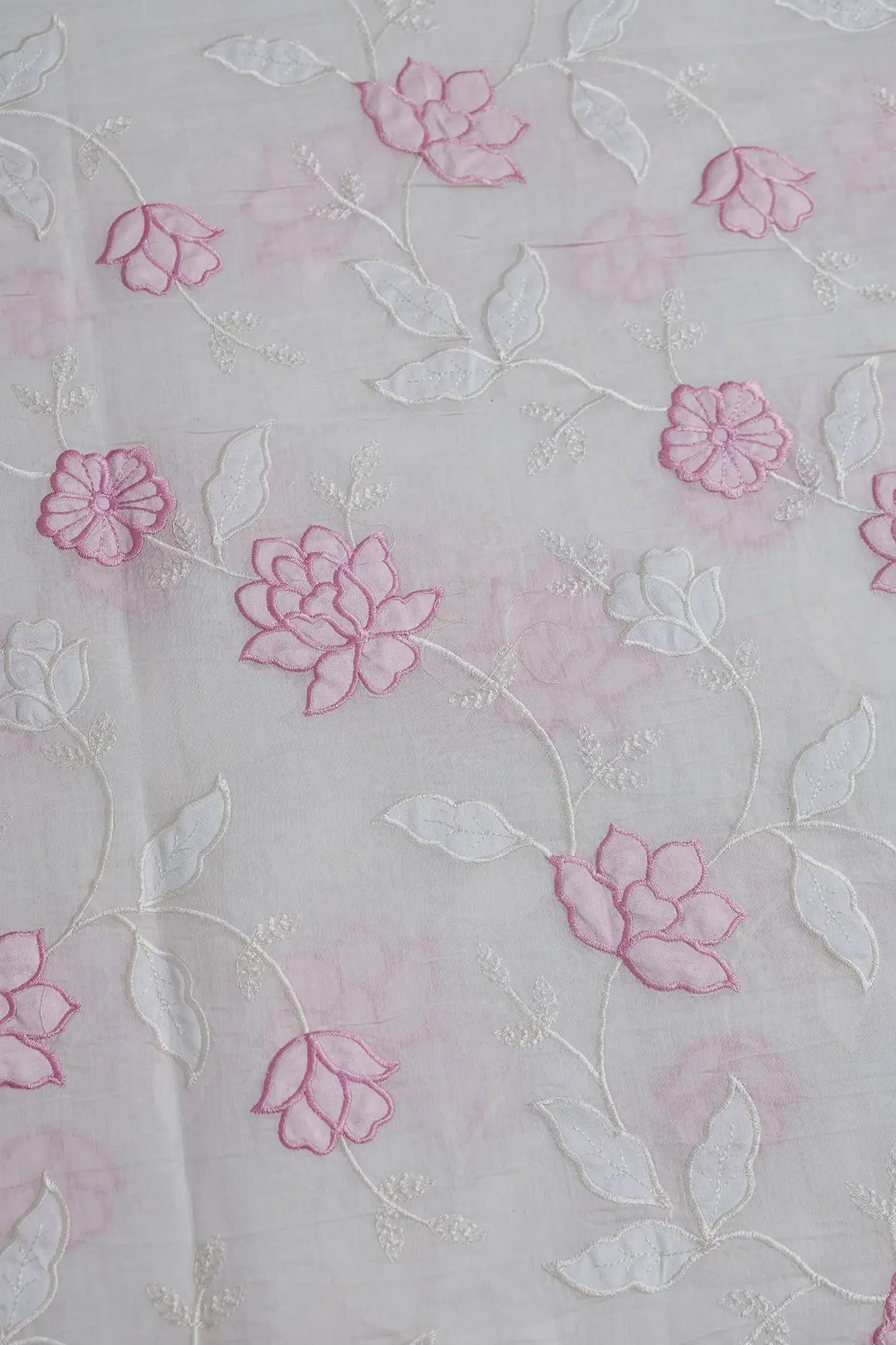 Pink Thread Elegant Floral Embroidery Work On Off White Pure Mul Chanderi Silk Fabric - doeraa