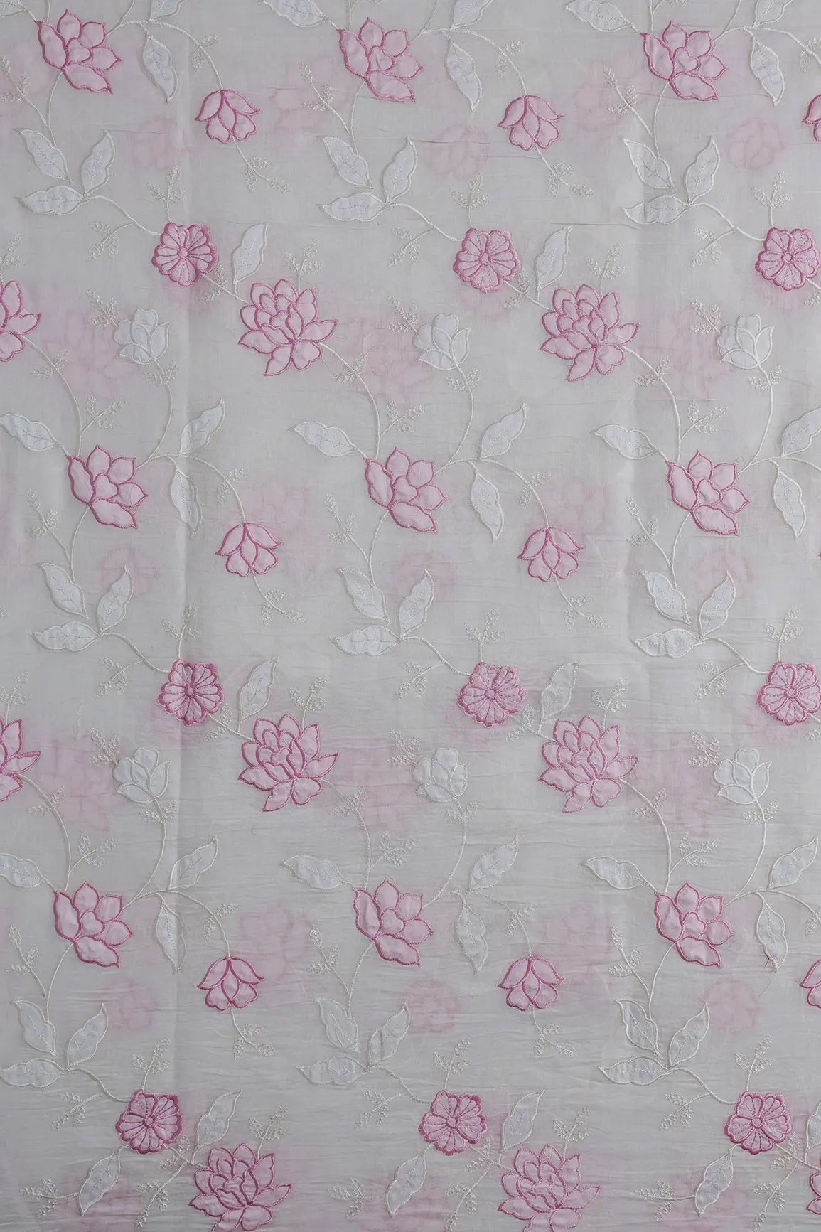 Pink Thread Elegant Floral Embroidery Work On Off White Pure Mul Chanderi Silk Fabric - doeraa