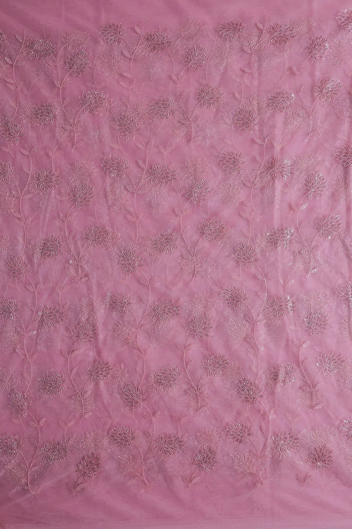 Pink Thread & Gold Beads With Water Sequins Floral Embroidery On Pink Soft Net Fabric - doeraa