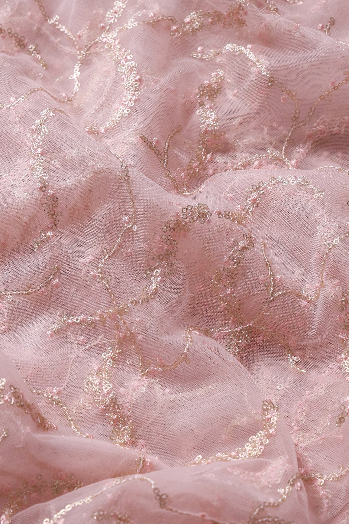 Pink Thread With Gold Glitter Sequins Abstract Embroidery On Baby Pink Soft Net Fabric - doeraa
