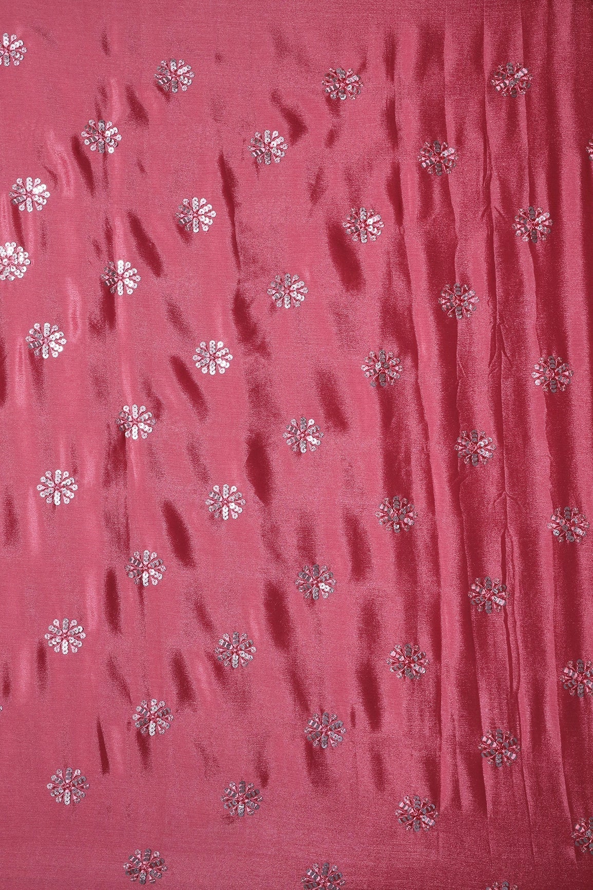 Pink Thread With Gold Sequins Floral Butta Embroidery Work On Gajri Pink Chinnon Chiffon Fabric - doeraa