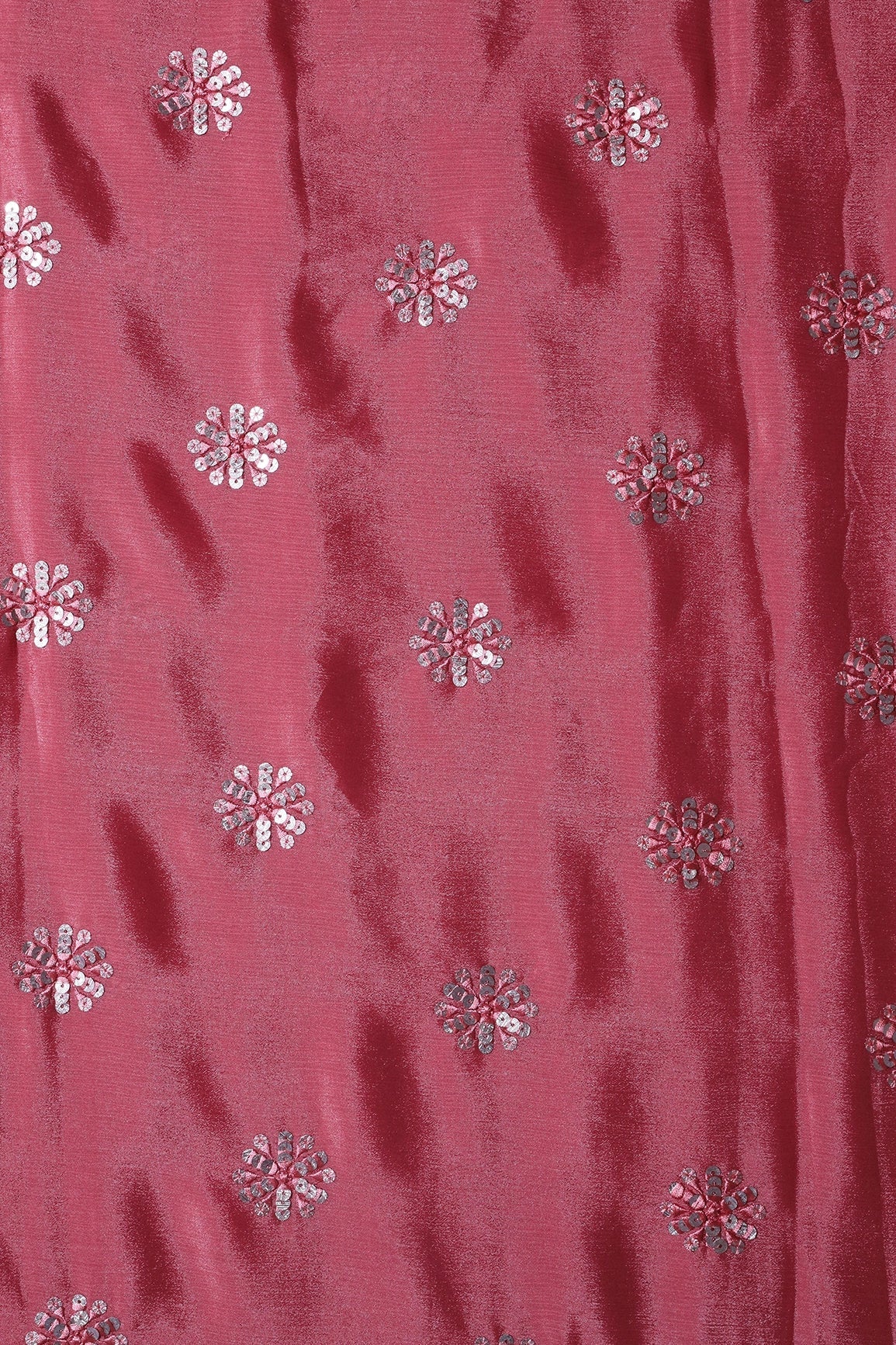 Pink Thread With Gold Sequins Floral Butta Embroidery Work On Gajri Pink Chinnon Chiffon Fabric - doeraa