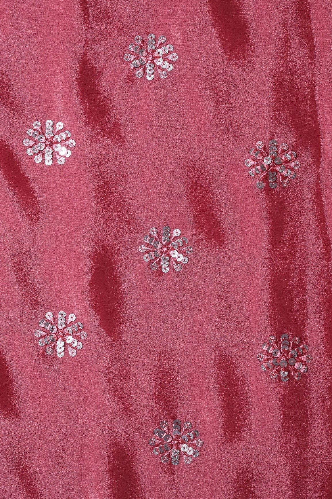 Pink Thread With Gold Sequins Floral Butta Embroidery Work On Gajri Pink Chinnon Chiffon Fabric - doeraa