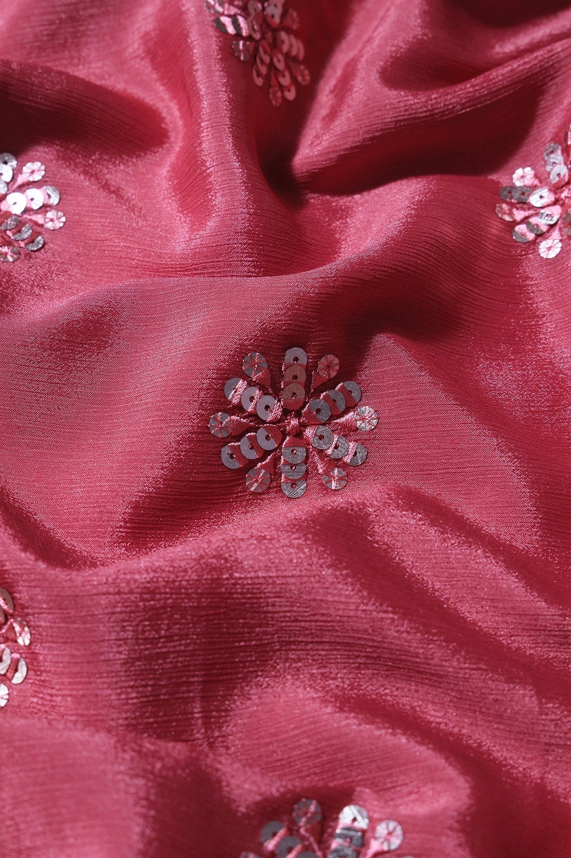 Pink Thread With Gold Sequins Floral Butta Embroidery Work On Gajri Pink Chinnon Chiffon Fabric - doeraa