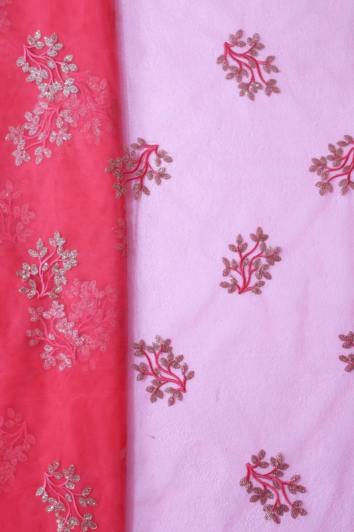 Pink Thread With Gold Sequins Floral Embroidery On Dark Coral Pink Soft Net Fabric - doeraa