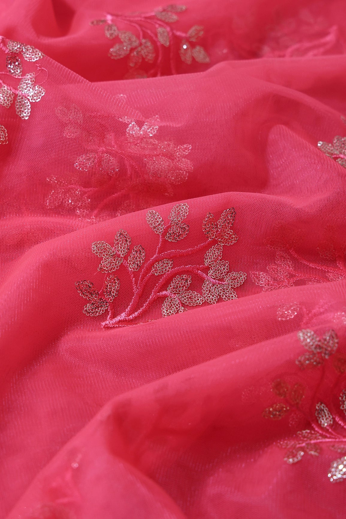 Pink Thread With Gold Sequins Floral Embroidery On Dark Coral Pink Soft Net Fabric - doeraa