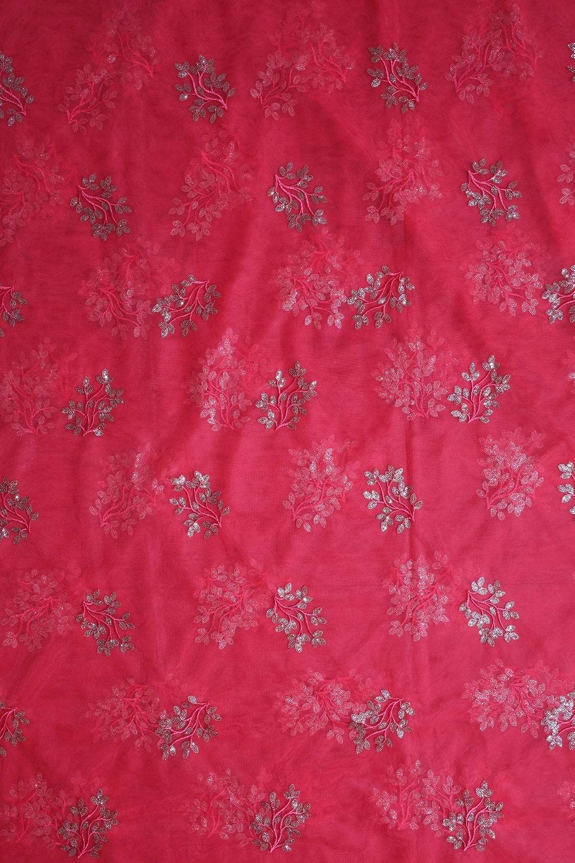 Pink Thread With Gold Sequins Floral Embroidery On Dark Coral Pink Soft Net Fabric - doeraa