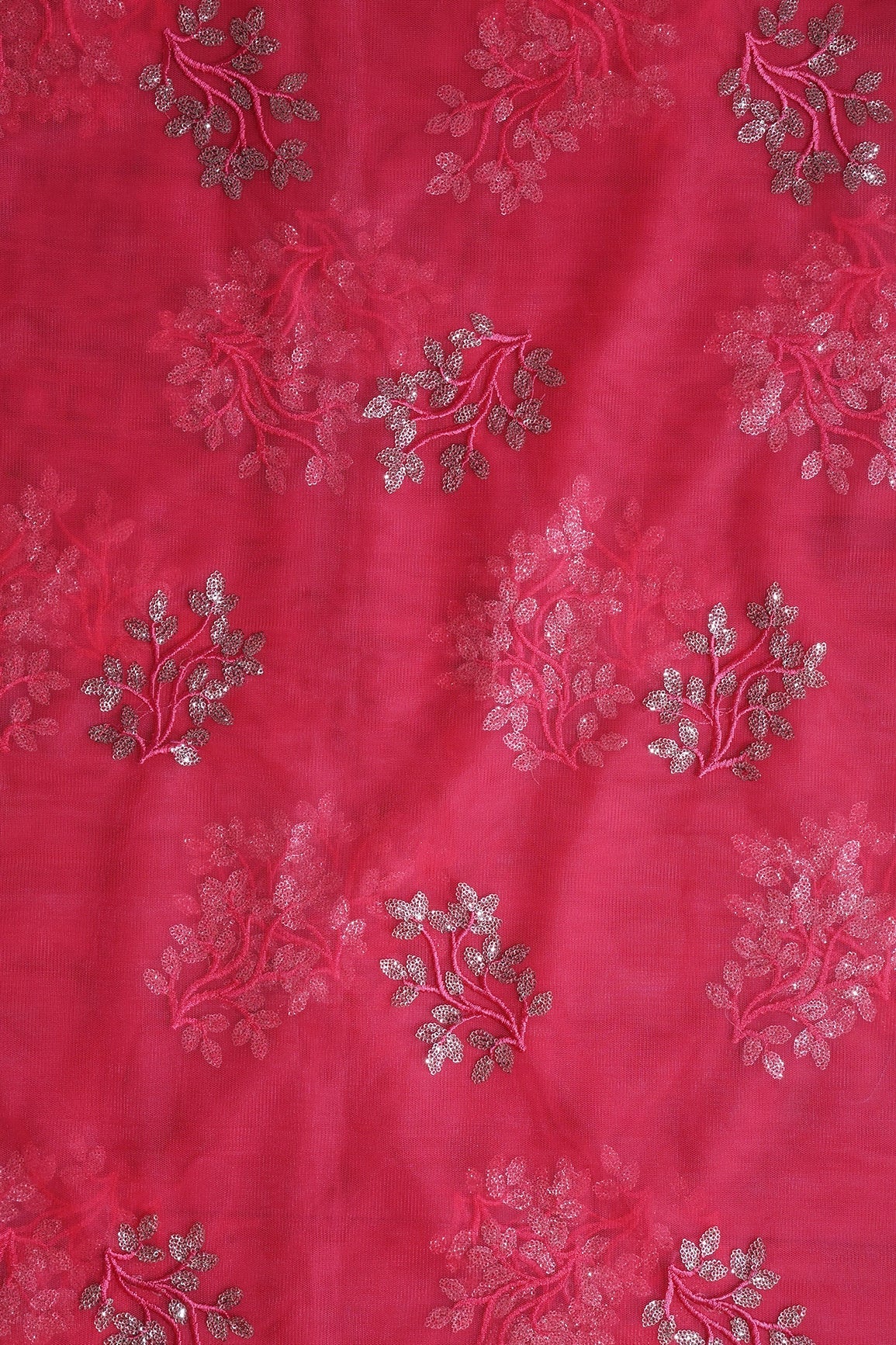 Pink Thread With Gold Sequins Floral Embroidery On Dark Coral Pink Soft Net Fabric - doeraa