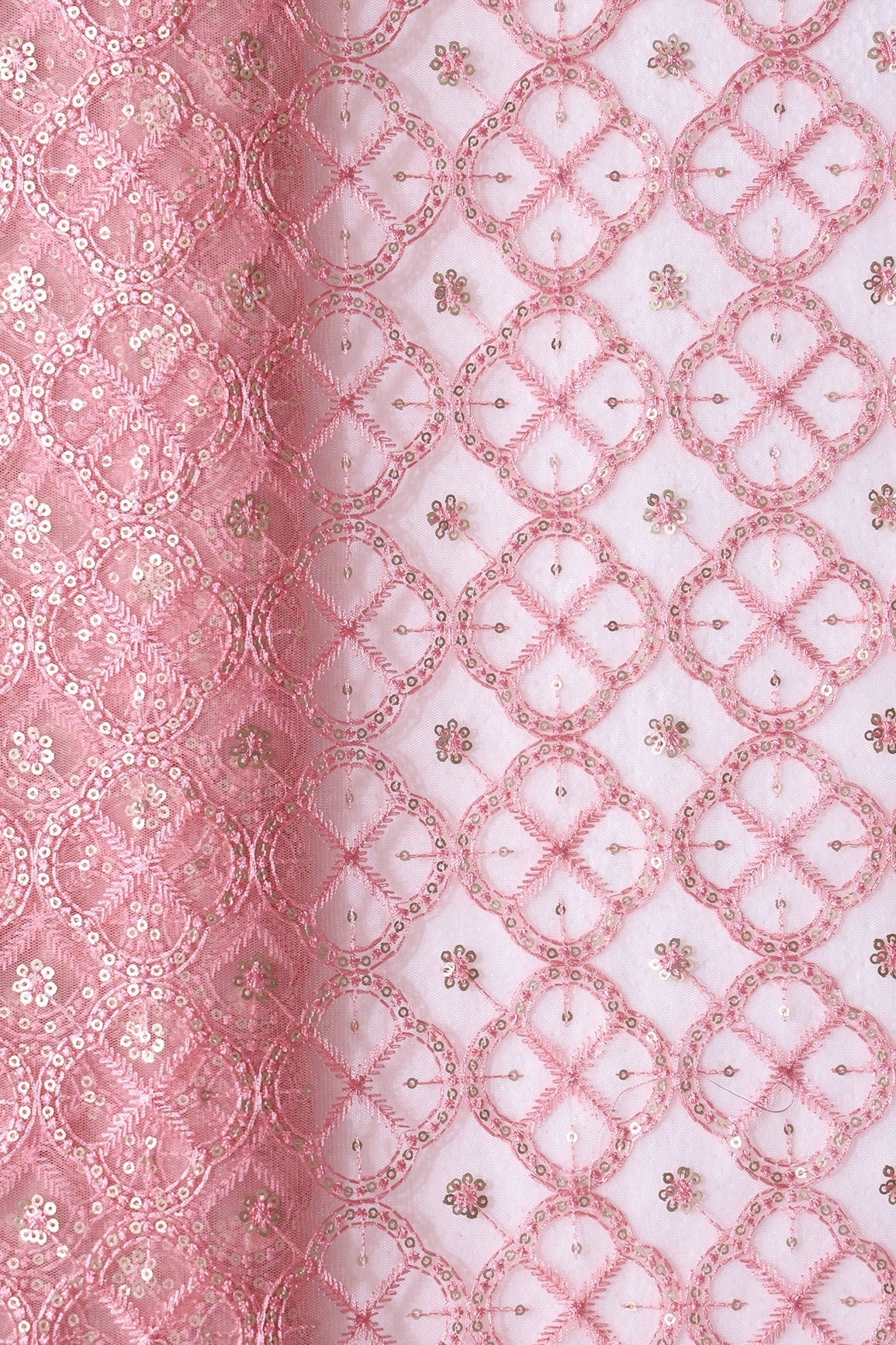 Pink Thread With Gold Sequins Geometric Embroidery On Pink Soft Net Fabric - doeraa