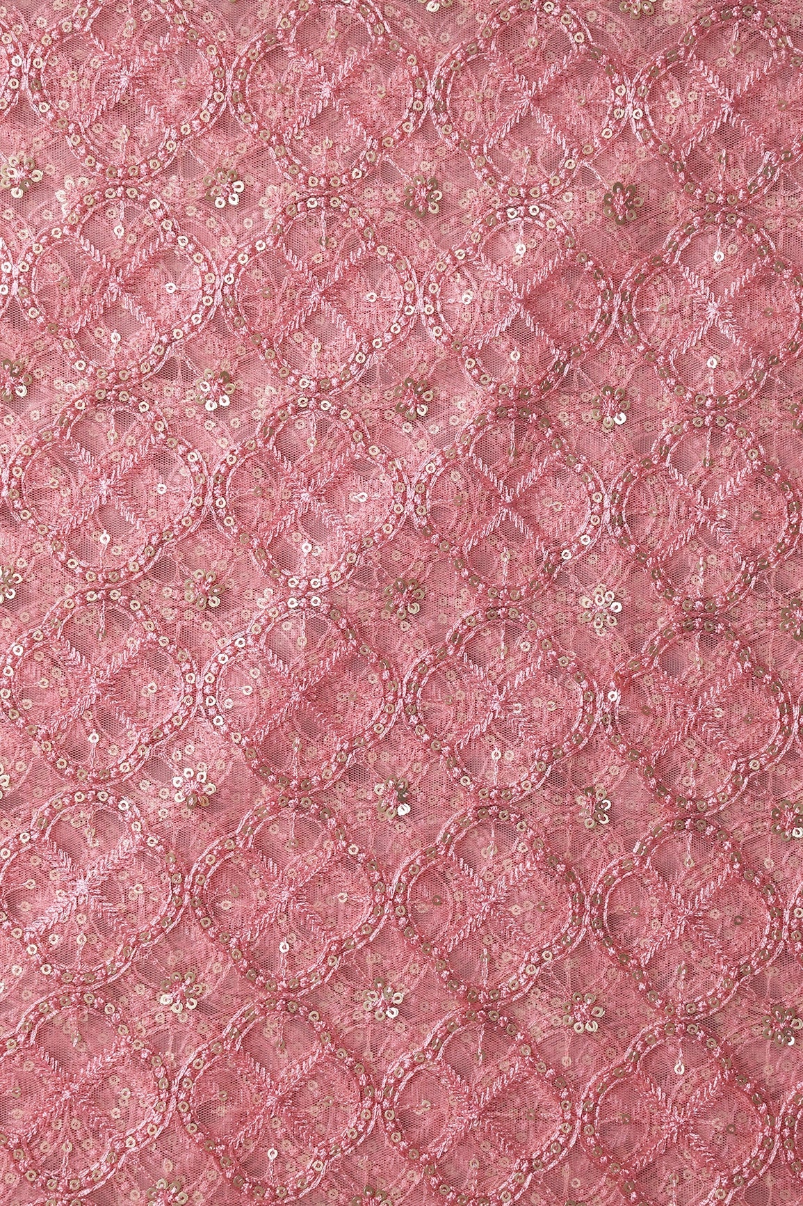 Pink Thread With Gold Sequins Geometric Embroidery On Pink Soft Net Fabric - doeraa