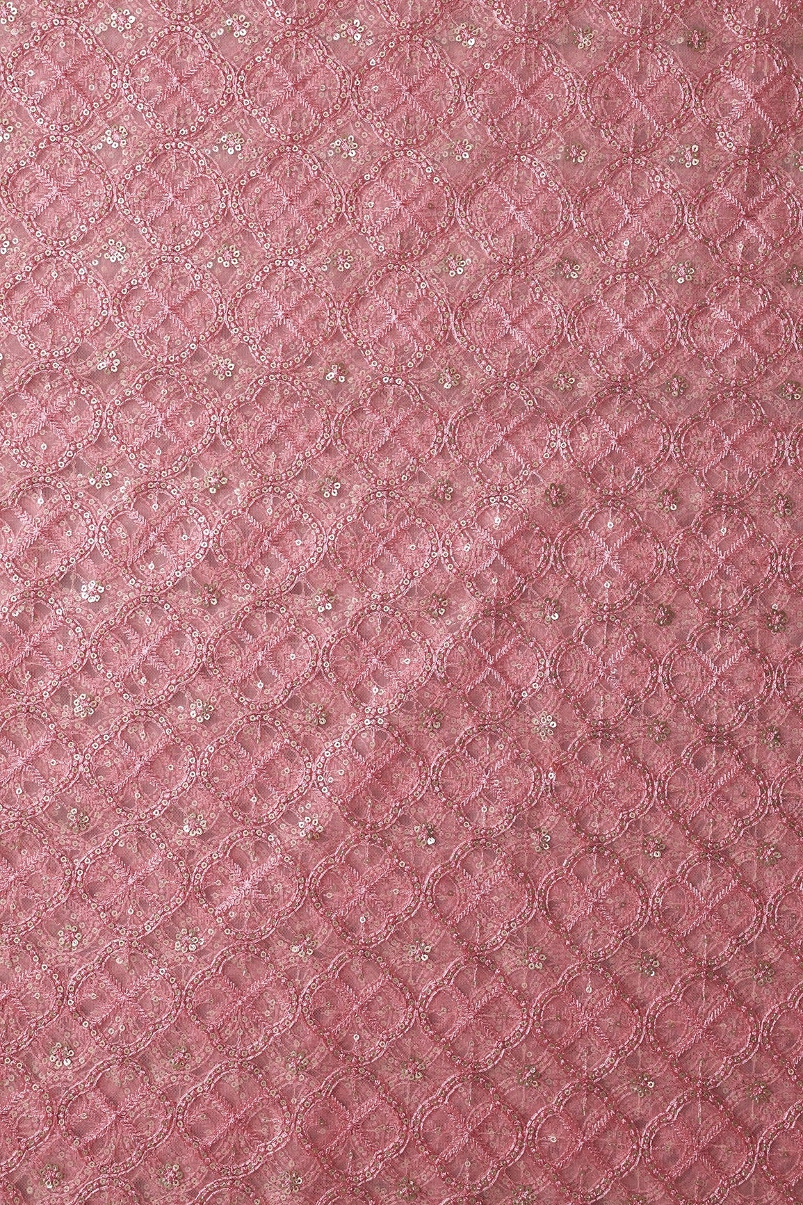 Pink Thread With Gold Sequins Geometric Embroidery On Pink Soft Net Fabric - doeraa