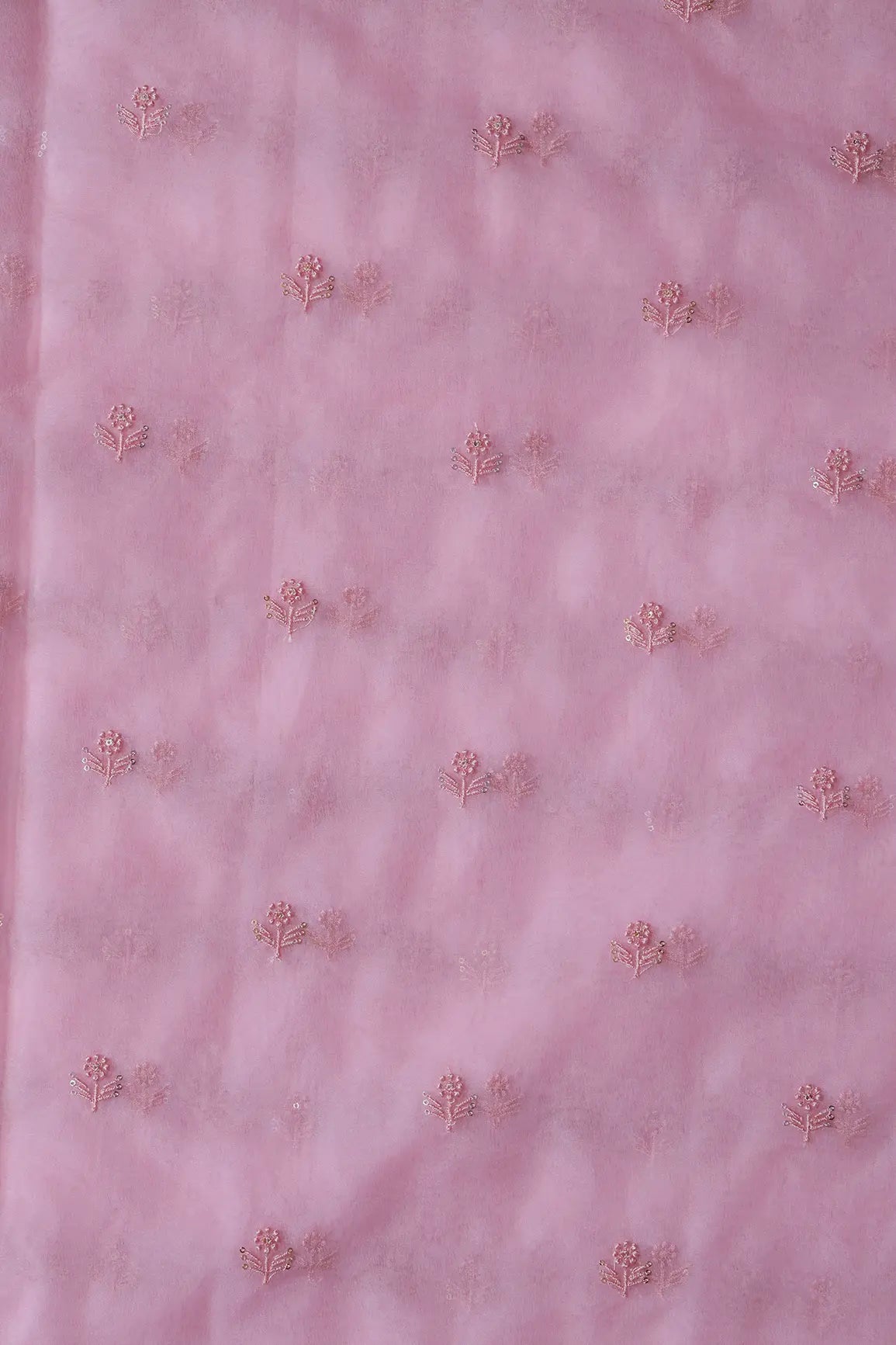 Pink Thread With Sequins Beautiful Small Floral Motif Embroidery Work On Pink Organza Fabric - doeraa