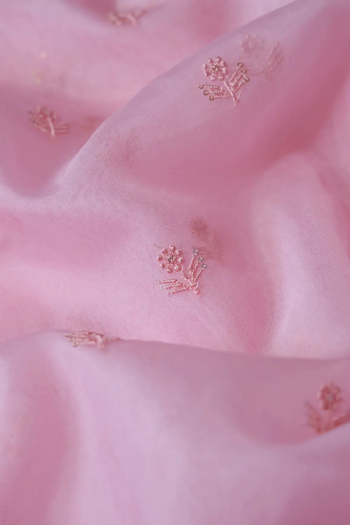 Pink Thread With Sequins Beautiful Small Floral Motif Embroidery Work On Pink Organza Fabric - doeraa