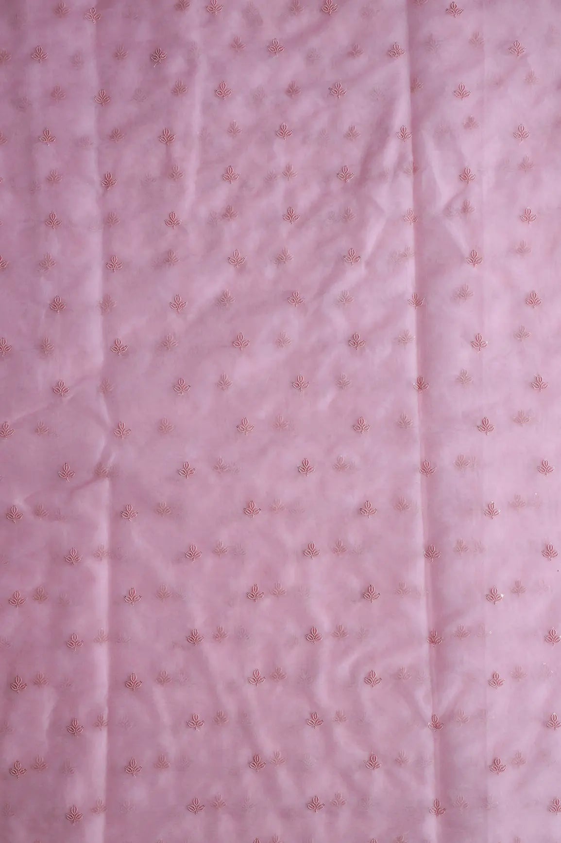Pink Thread With Sequins Beautiful Small Leafy Embroidery Work On Pink Organza Fabric - doeraa