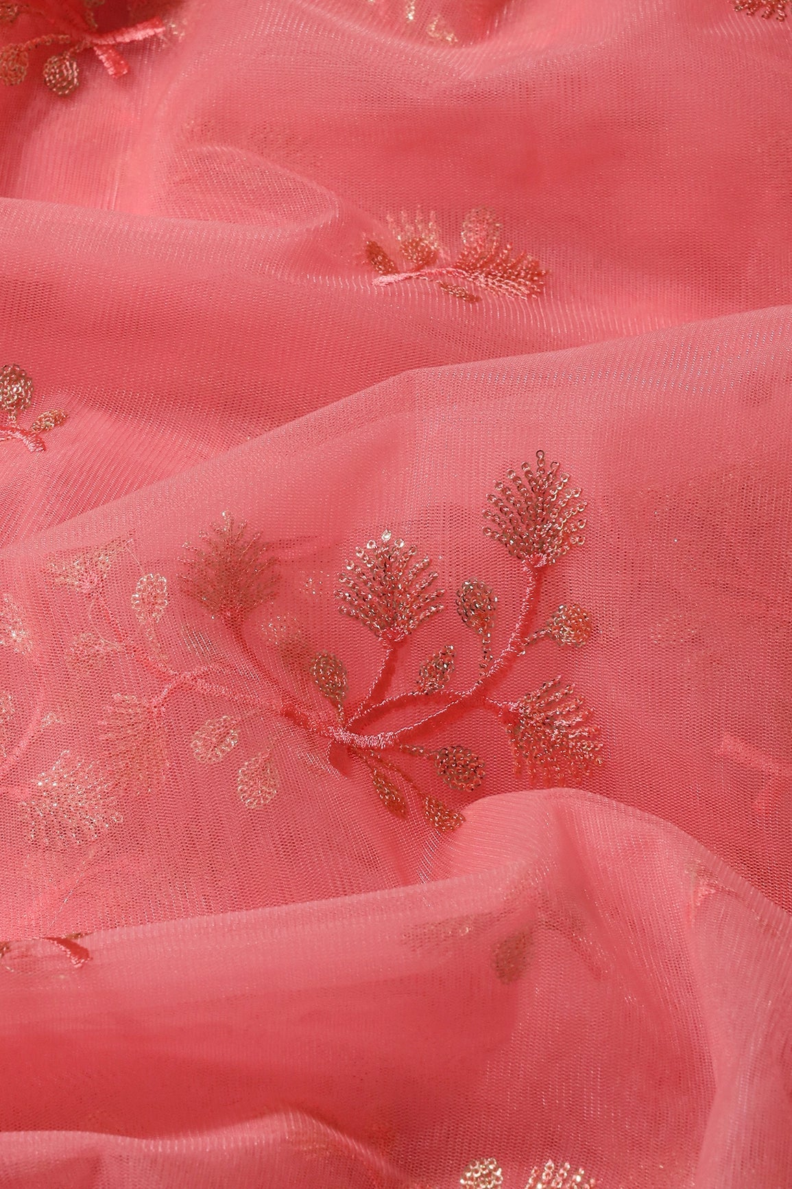 Pink Thread With Small Gold Sequins Floral Embroidery Work On Coral Pink Soft Net Fabric - doeraa
