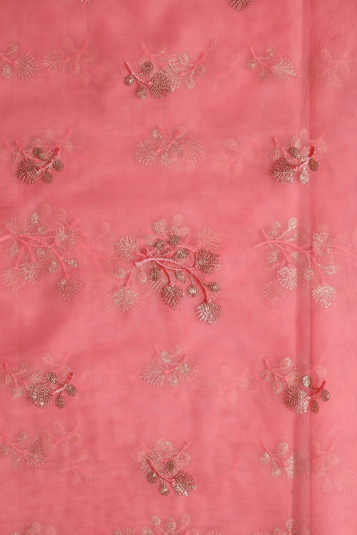 Pink Thread With Small Gold Sequins Floral Embroidery Work On Coral Pink Soft Net Fabric - doeraa