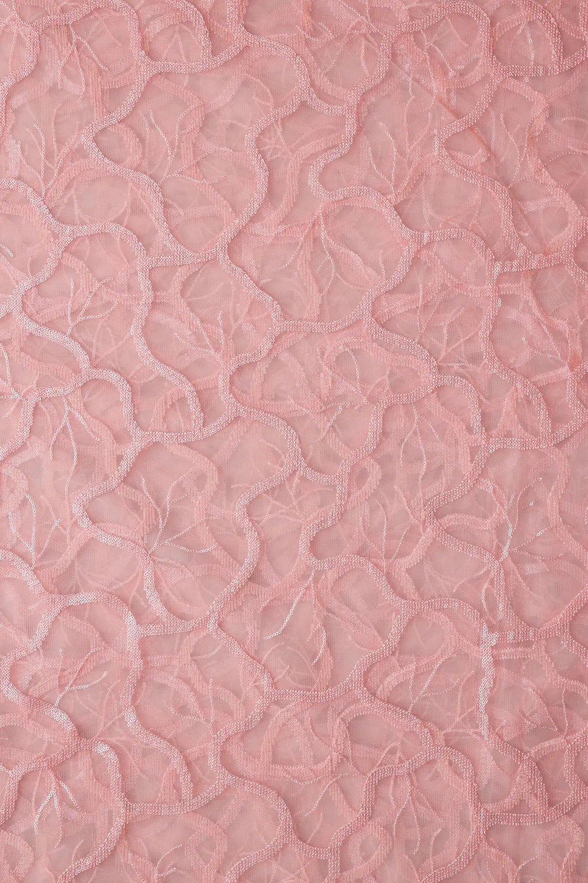 Pink Thread With Water Sequins Abstract Embroidery Work On Baby Pink Soft Net Fabric - doeraa