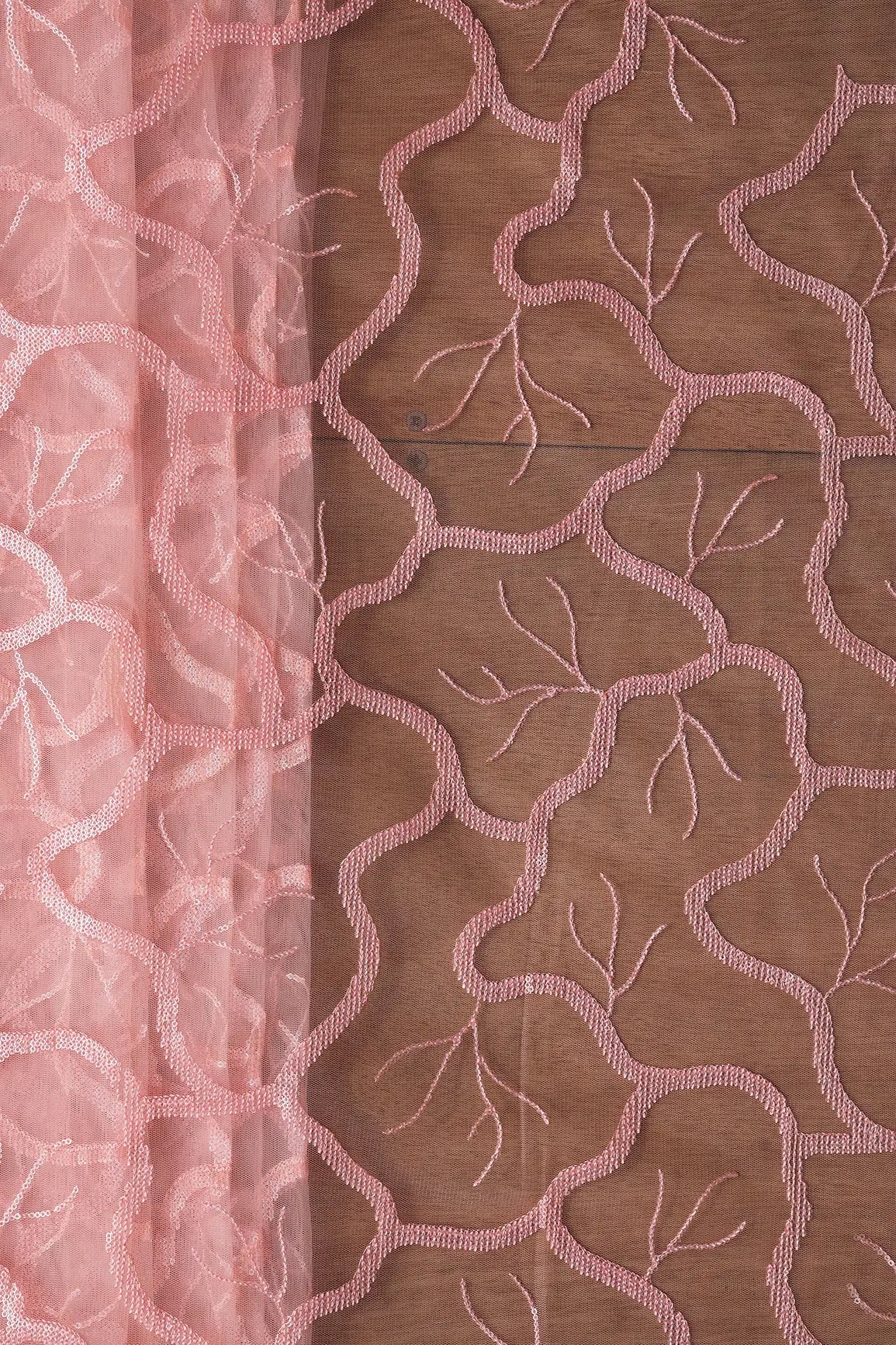 Pink Thread With Water Sequins Abstract Embroidery Work On Baby Pink Soft Net Fabric - doeraa