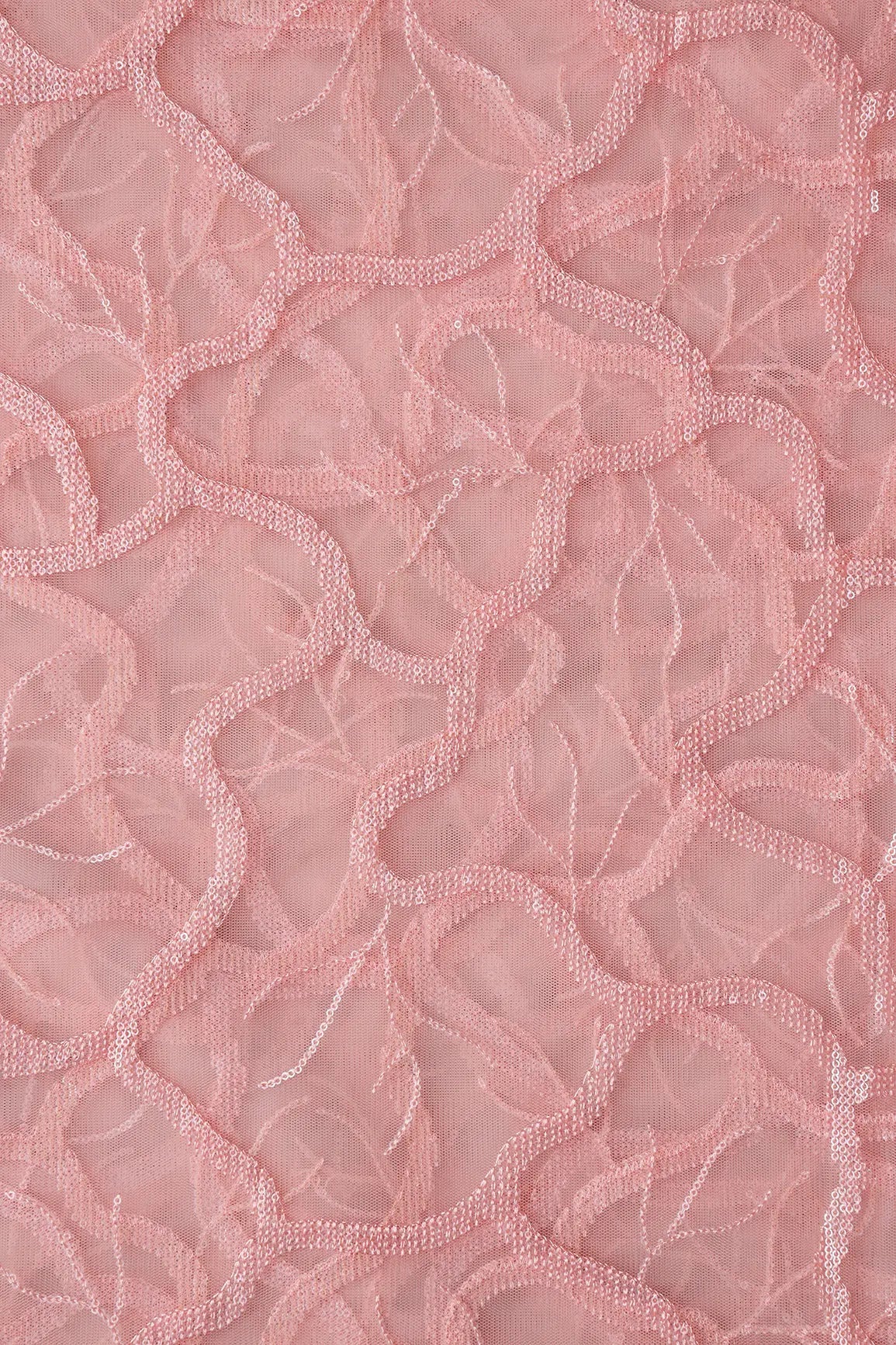 Pink Thread With Water Sequins Abstract Embroidery Work On Baby Pink Soft Net Fabric - doeraa