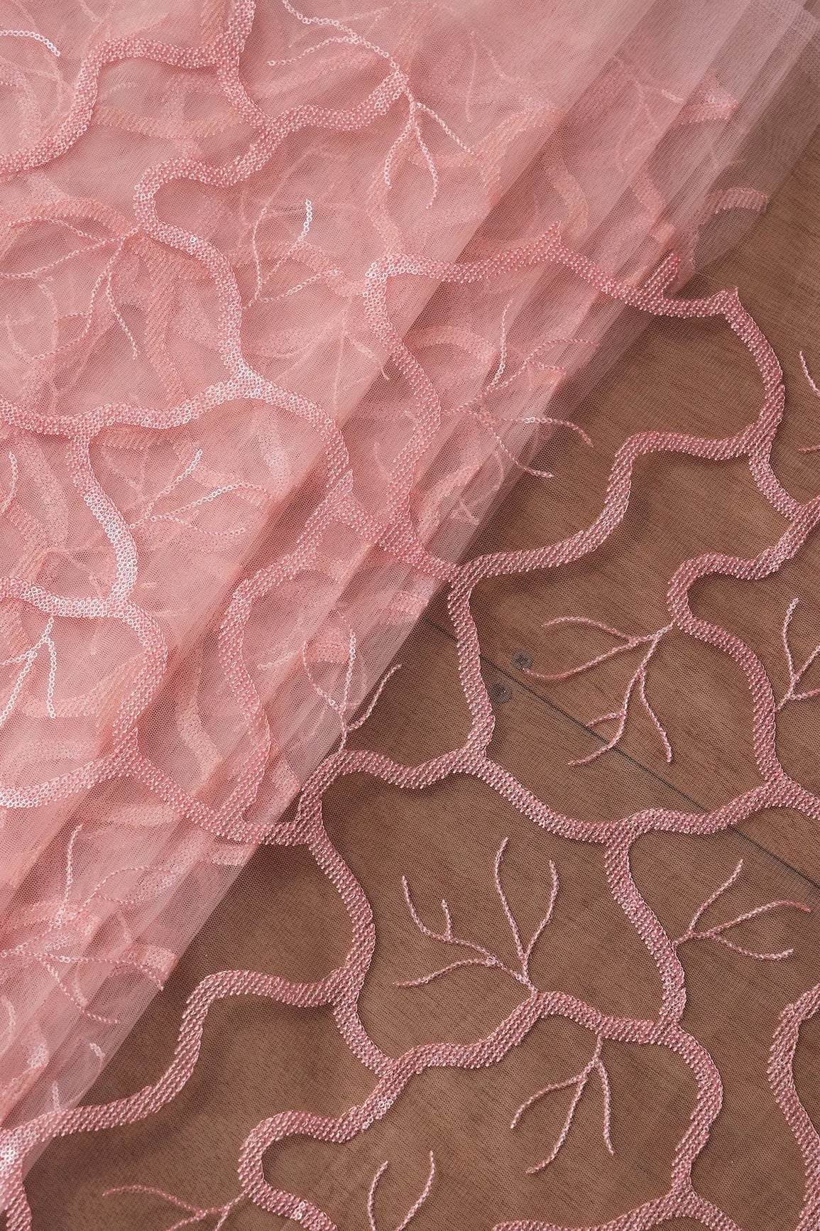 Pink Thread With Water Sequins Abstract Embroidery Work On Baby Pink Soft Net Fabric - doeraa