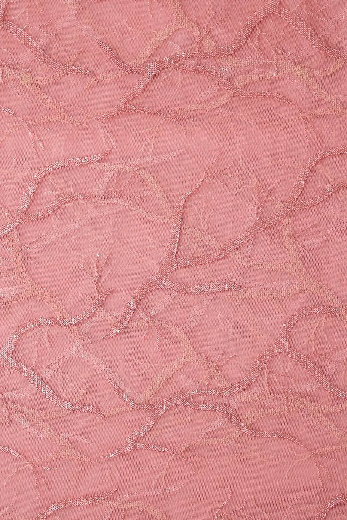 Pink Thread With Water Sequins Abstract Embroidery Work On Pink Soft Net Fabric - doeraa