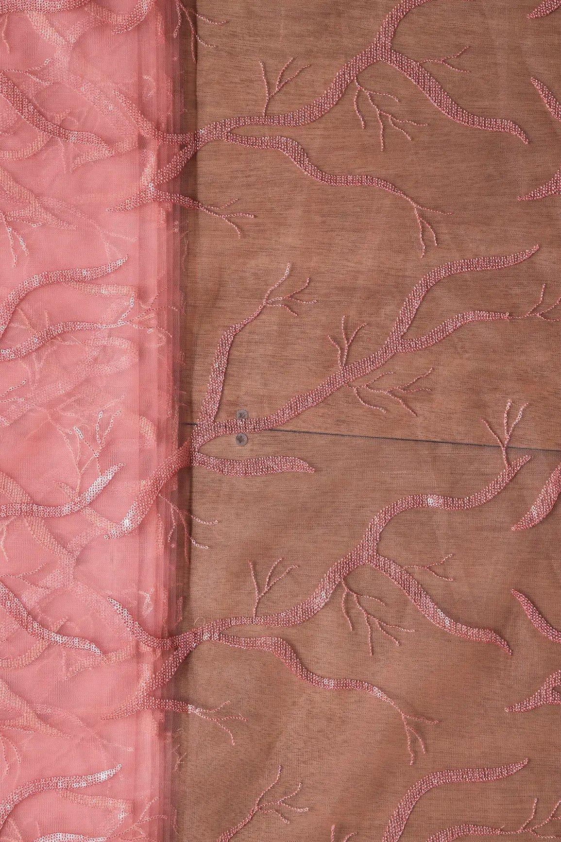 Pink Thread With Water Sequins Abstract Embroidery Work On Pink Soft Net Fabric - doeraa