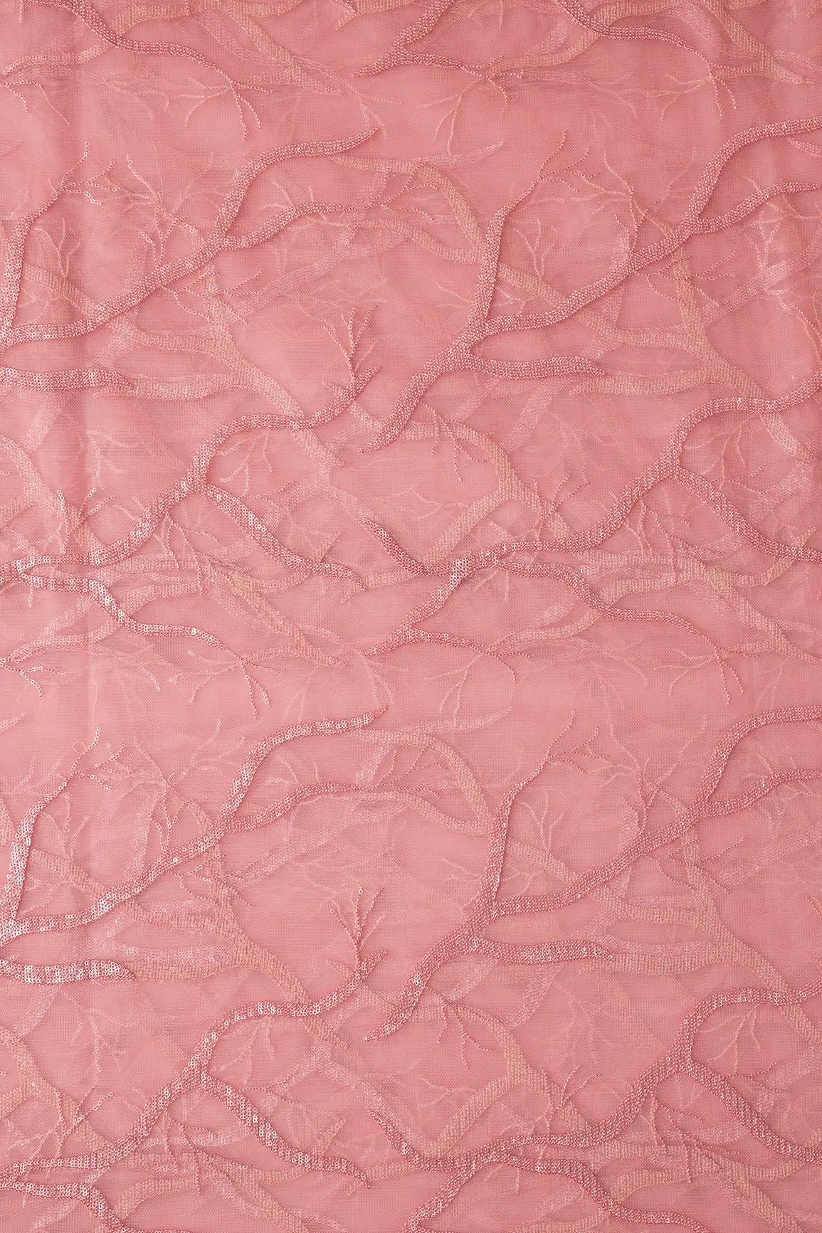 Pink Thread With Water Sequins Abstract Embroidery Work On Pink Soft Net Fabric - doeraa