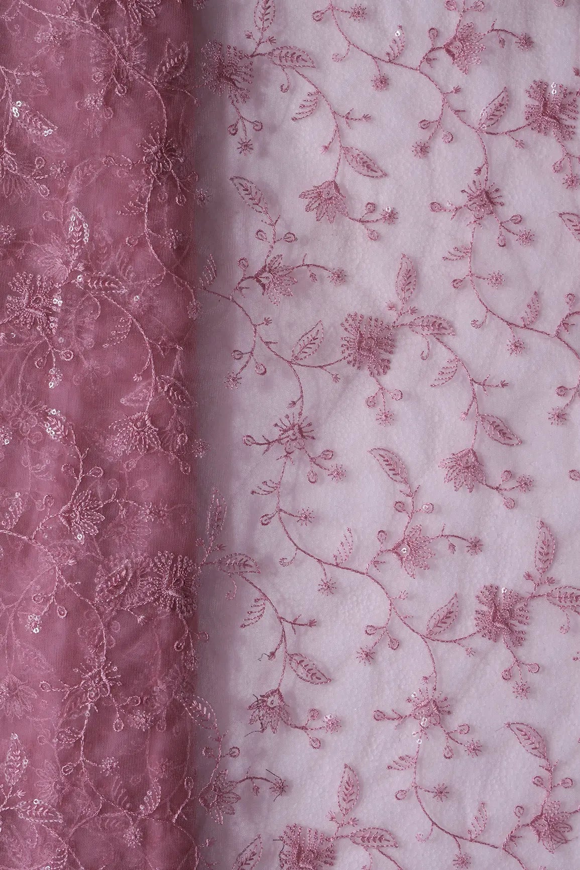 Pink Thread With Water Sequins Floral Embroidery On Pink Soft Net Fabric - doeraa