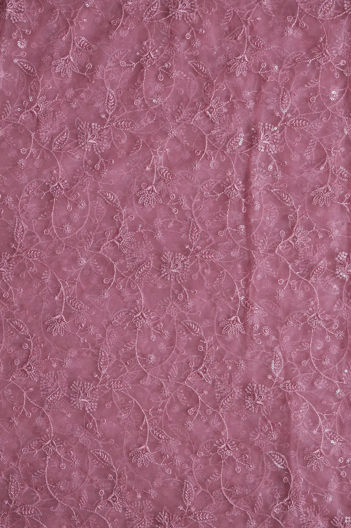 Pink Thread With Water Sequins Floral Embroidery On Pink Soft Net Fabric - doeraa