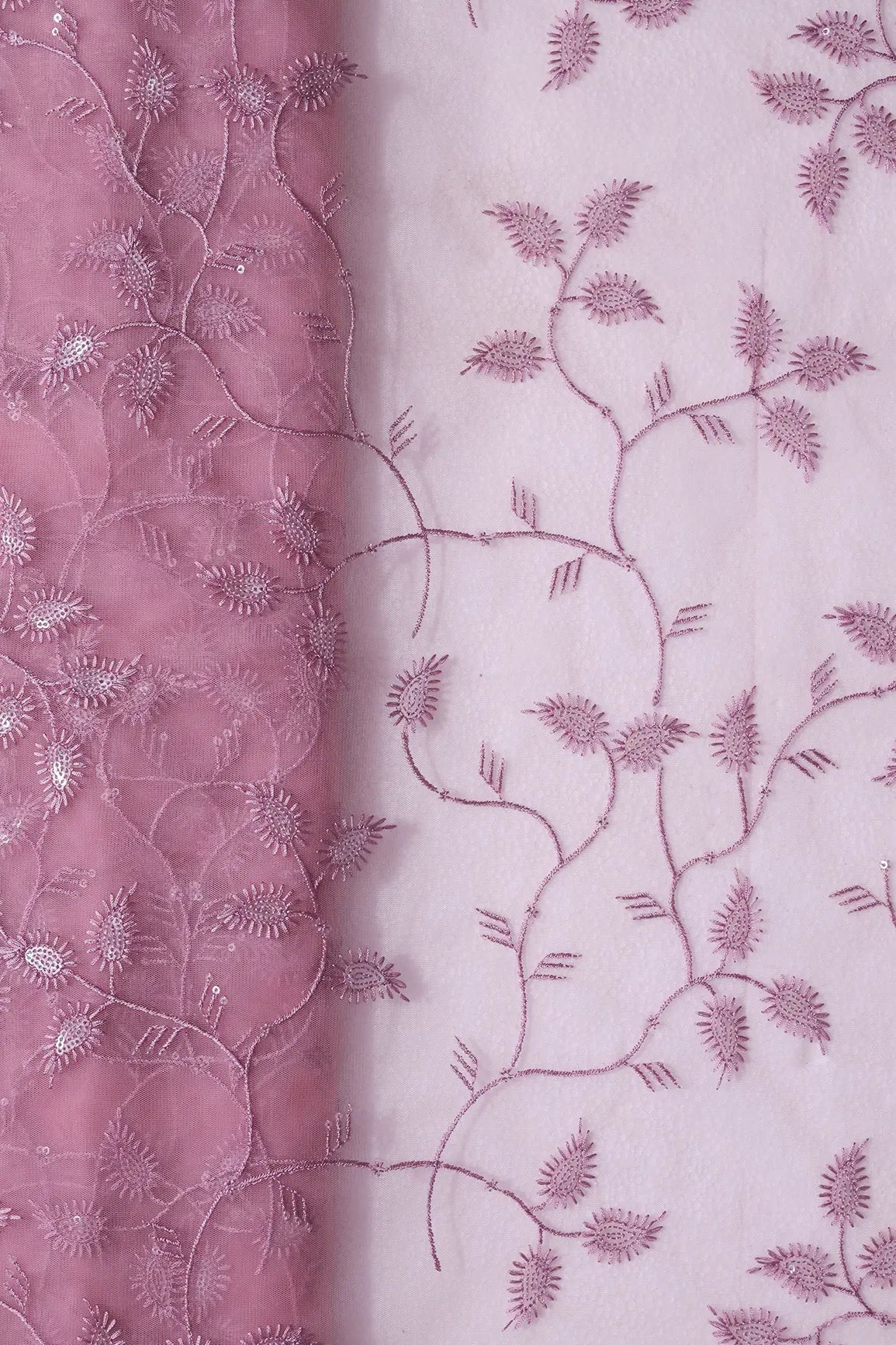 Pink Thread With Water Sequins Leafy Embroidery On Dusty Pink Soft Net Fabric - doeraa